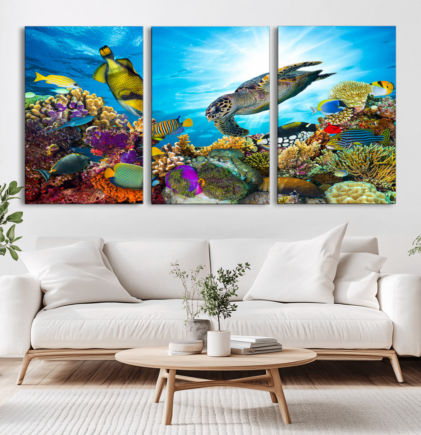 -Colorful Coral Reef and Sea Life Turtle Canvas Print, Underwater Tropical Ocean Wall Art for Home