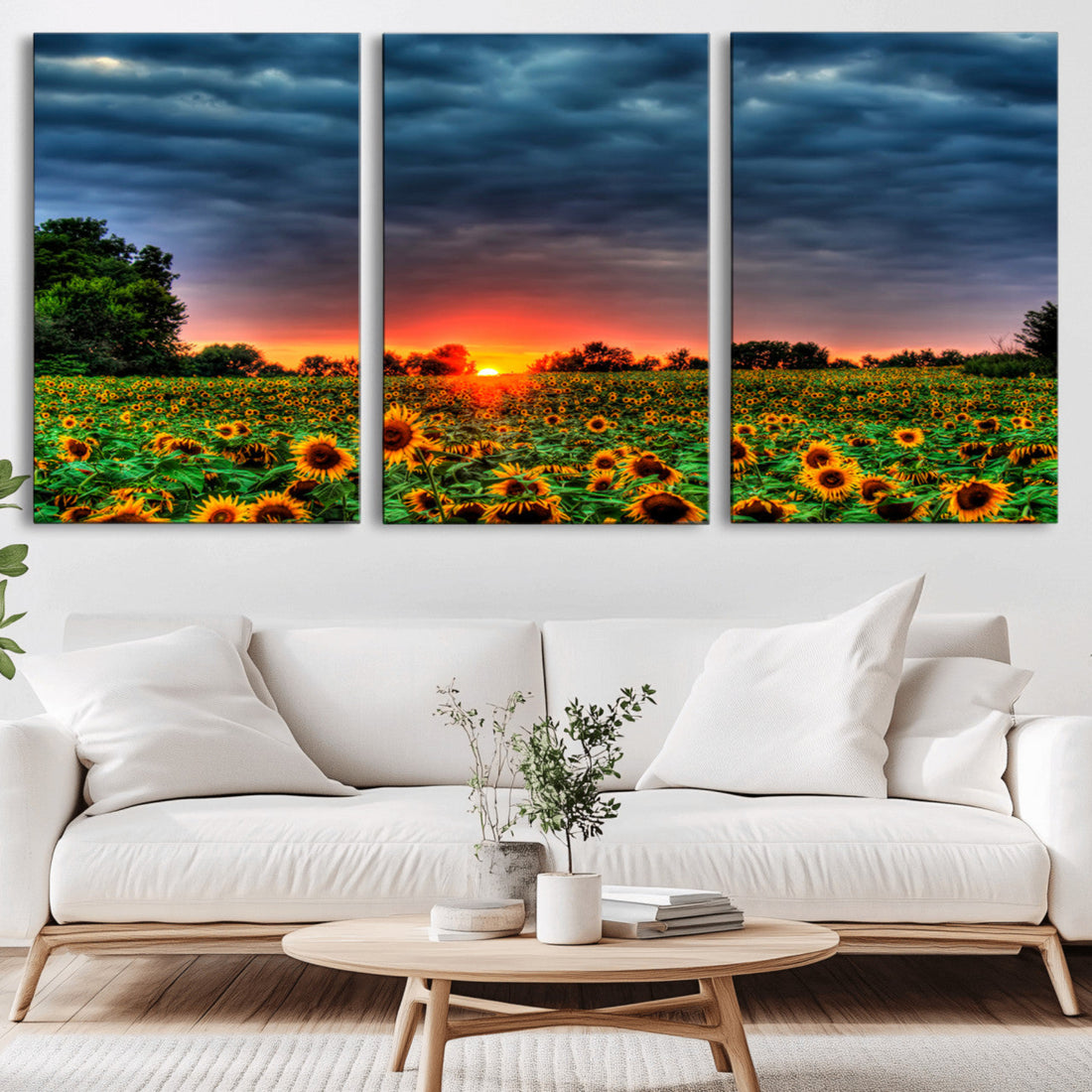 Golden Sunflower Field at Sunset, Breathtaking Sky and Vibrant Flowers Wall Art Canvas Print
