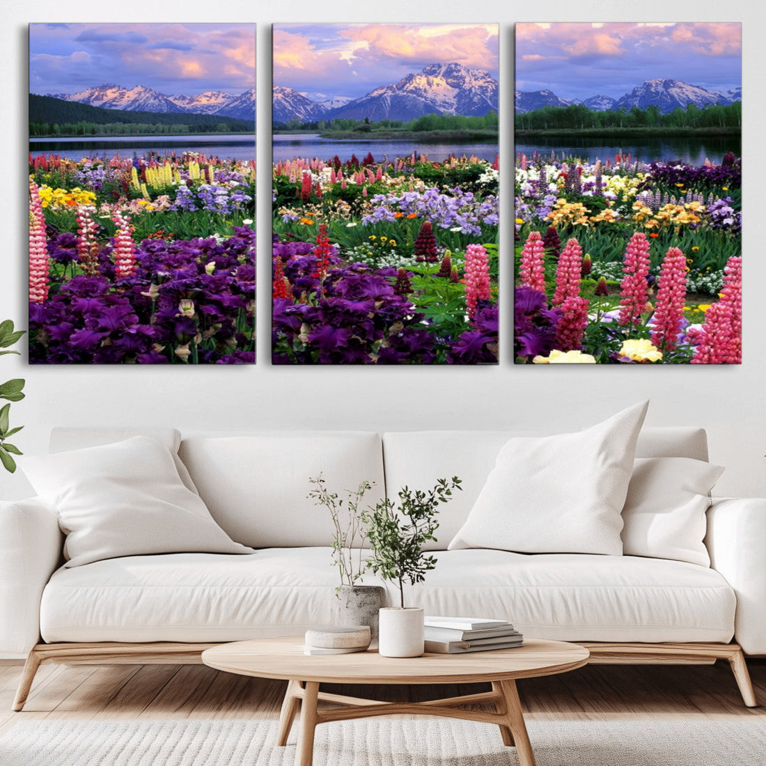 Wildflower Canvas Print, Blooming Floral Meadows with Majestic Mountain Backdrop