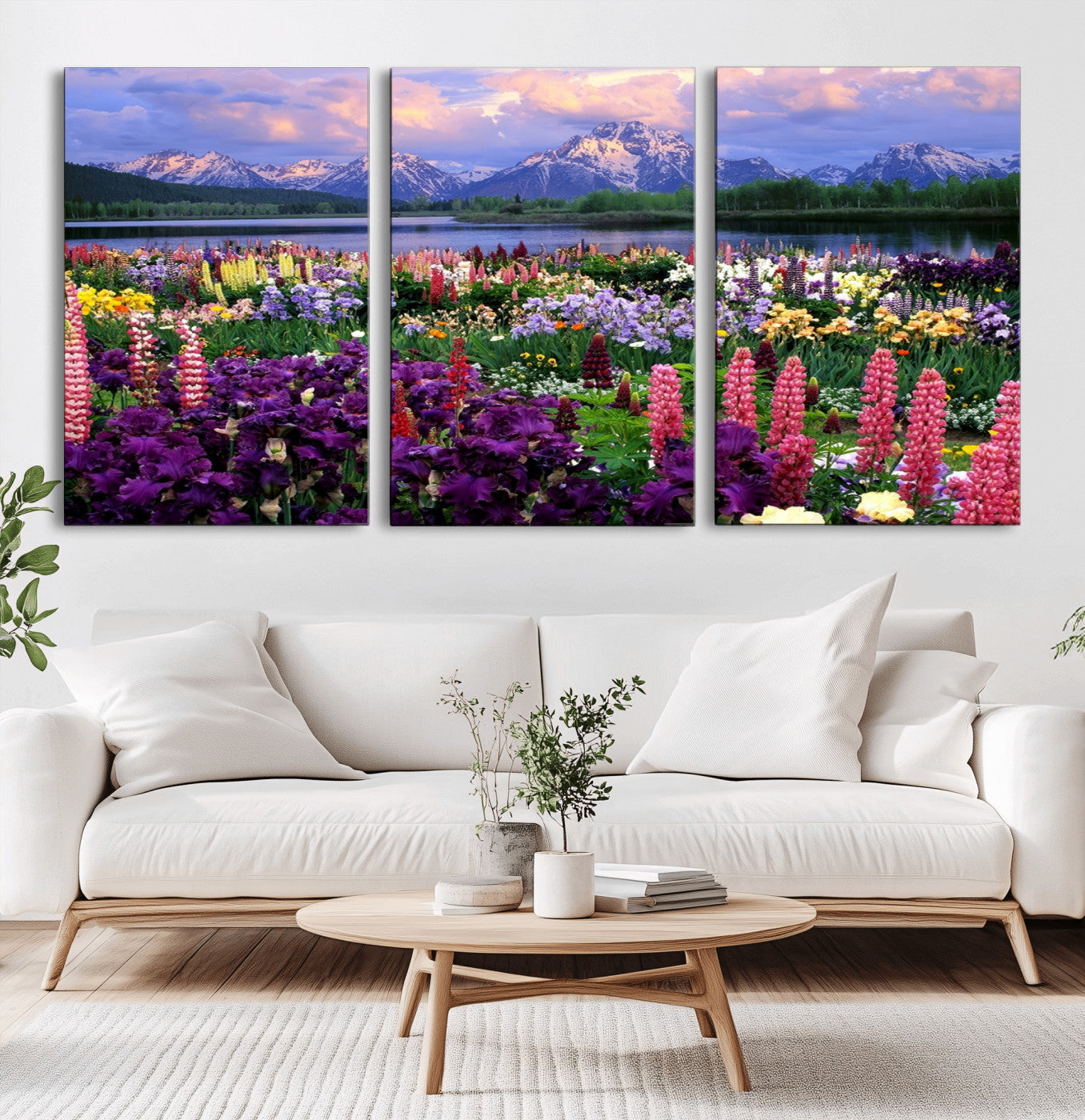 MGV-CV-60X30-3P - Wildflower Canvas Print – Blooming Floral Meadows with Majestic Mountain Backdrop, Ready to Hang