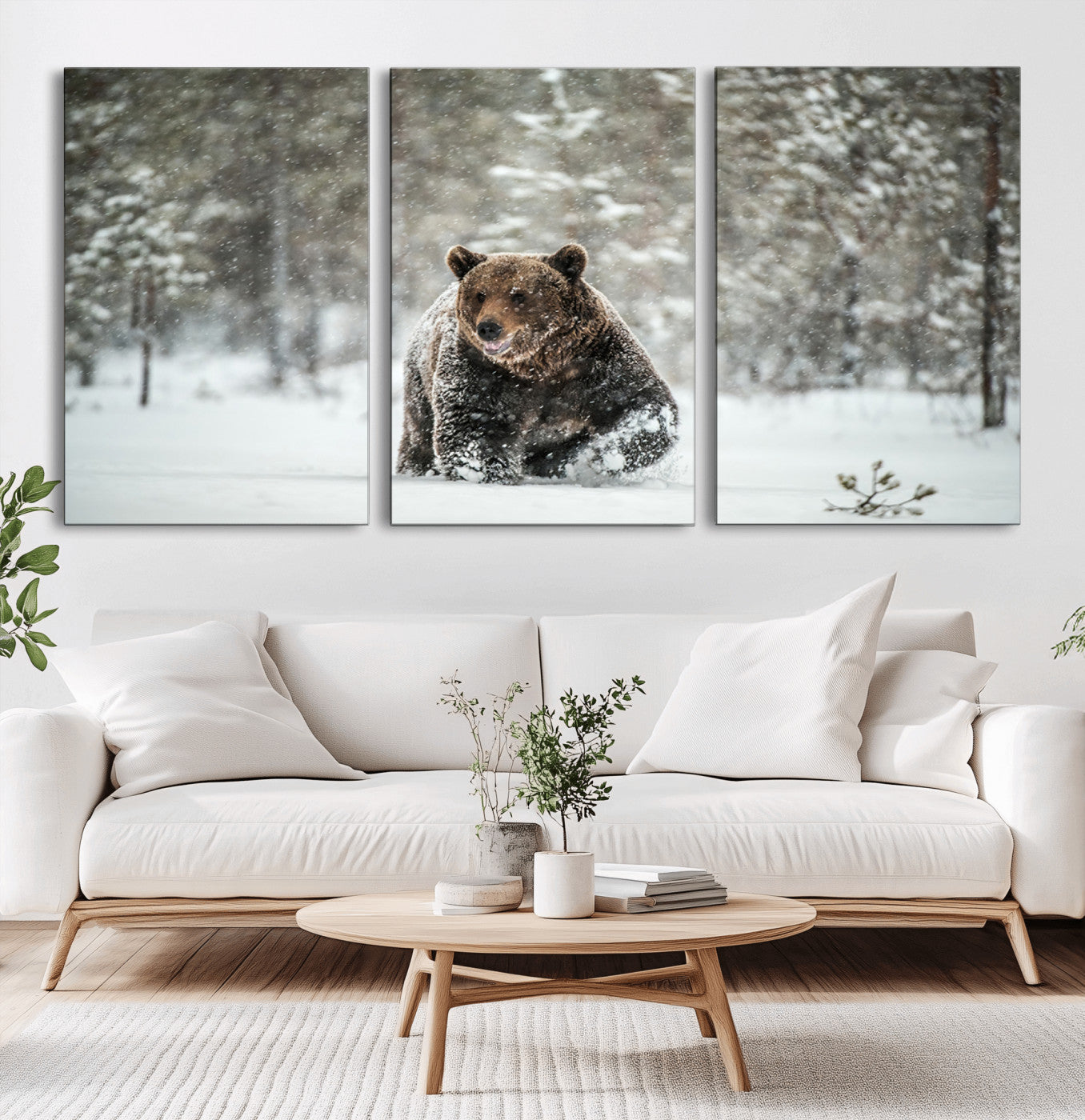 A majestic brown bear moves through a snowy forest landscape, surrounded by falling snowflakes, capturing the essence of wildlife in winter.