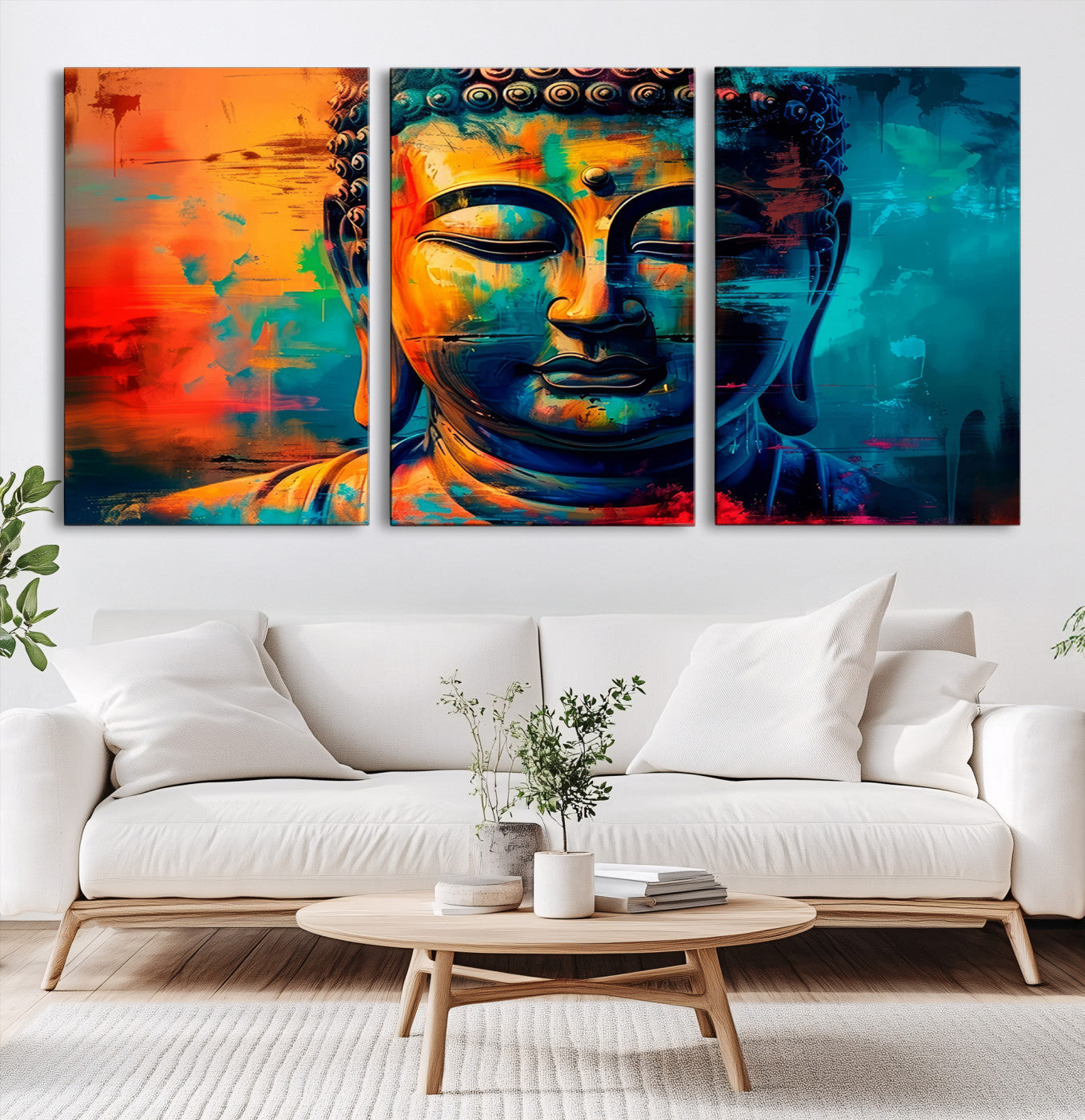 A vibrant, abstract artistic rendition of a Buddha statue face, blending bold and contrasting colors to evoke a sense of peace, spirituality, and enlightenment.