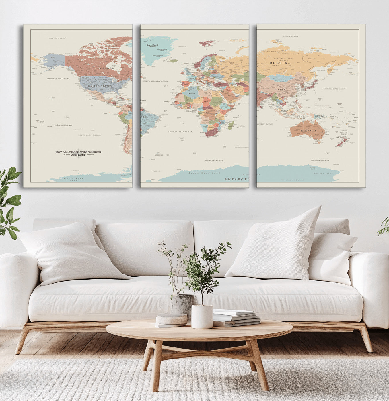 19241-MGV-CV-36X24-World Map Canvas Print – Framed Minimalist Travel Map Wall Art, Neutral Toned Push Pin Map for Home Office or Study Decor