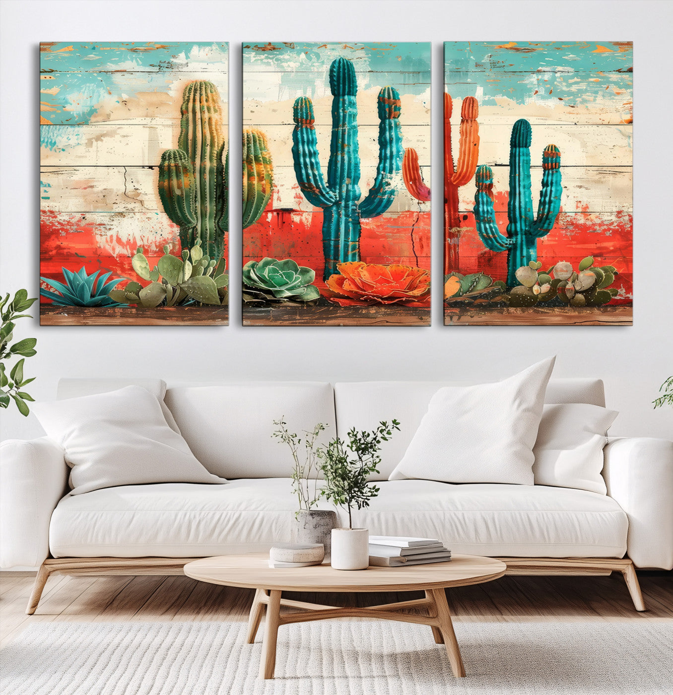 A vivid southwestern-style artwork featuring an eclectic mix of cacti and succulents painted against a textured, rustic wood backdrop in rich turquoise, red, and orange hues.