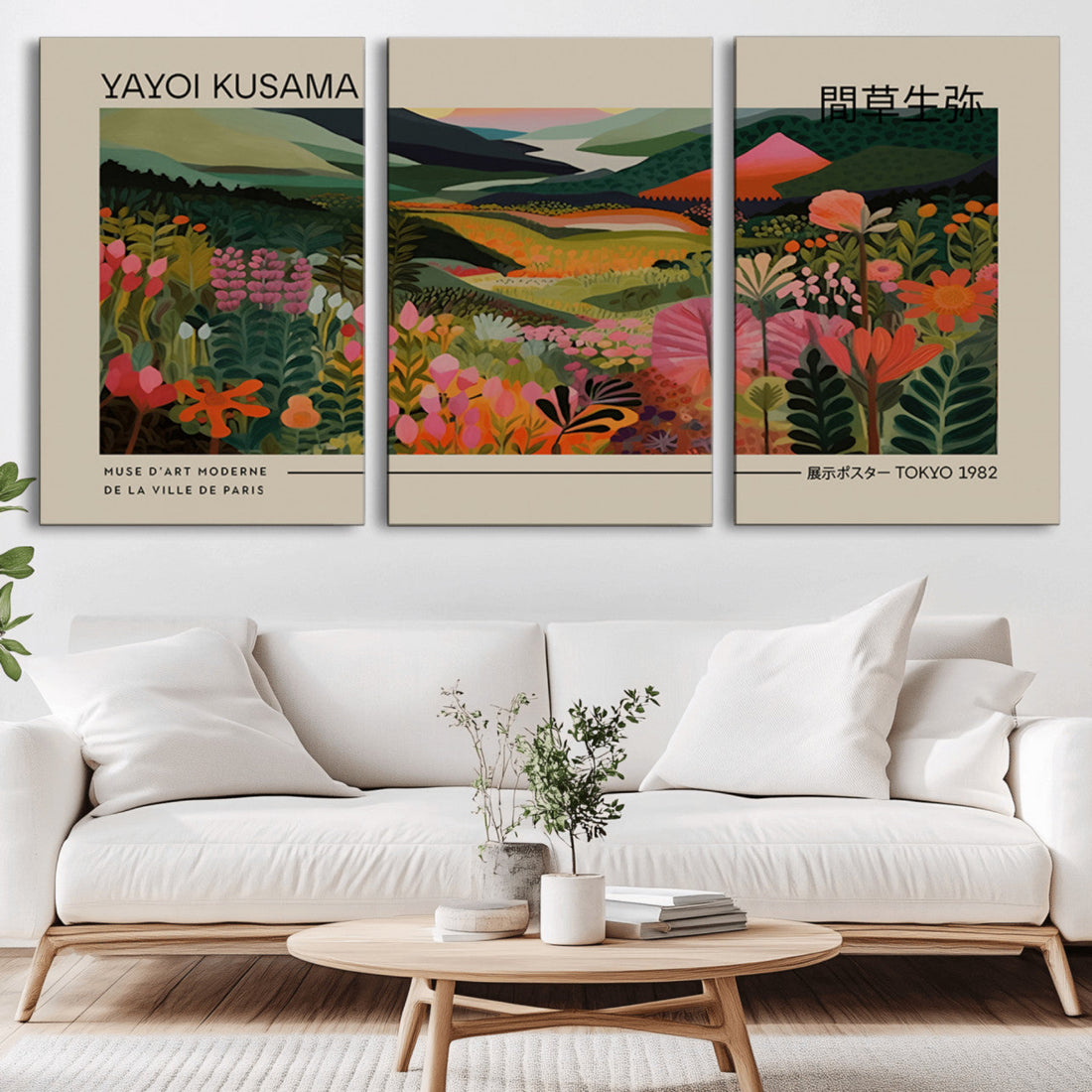 Yayoi Kusama Landscape Canvas Print, Vibrant Floral Mountain Art, Framed Kusama Printing