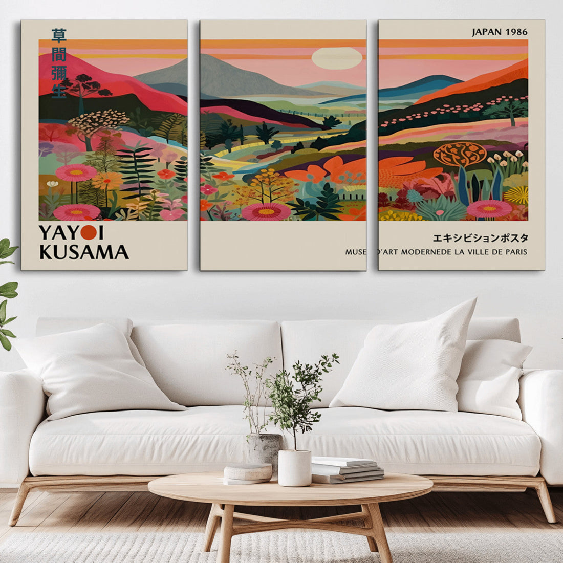 Yayoi Kusama Landscape Canvas Print, Vibrant Floral Mountain Art, Botanical Flower Nature Decor