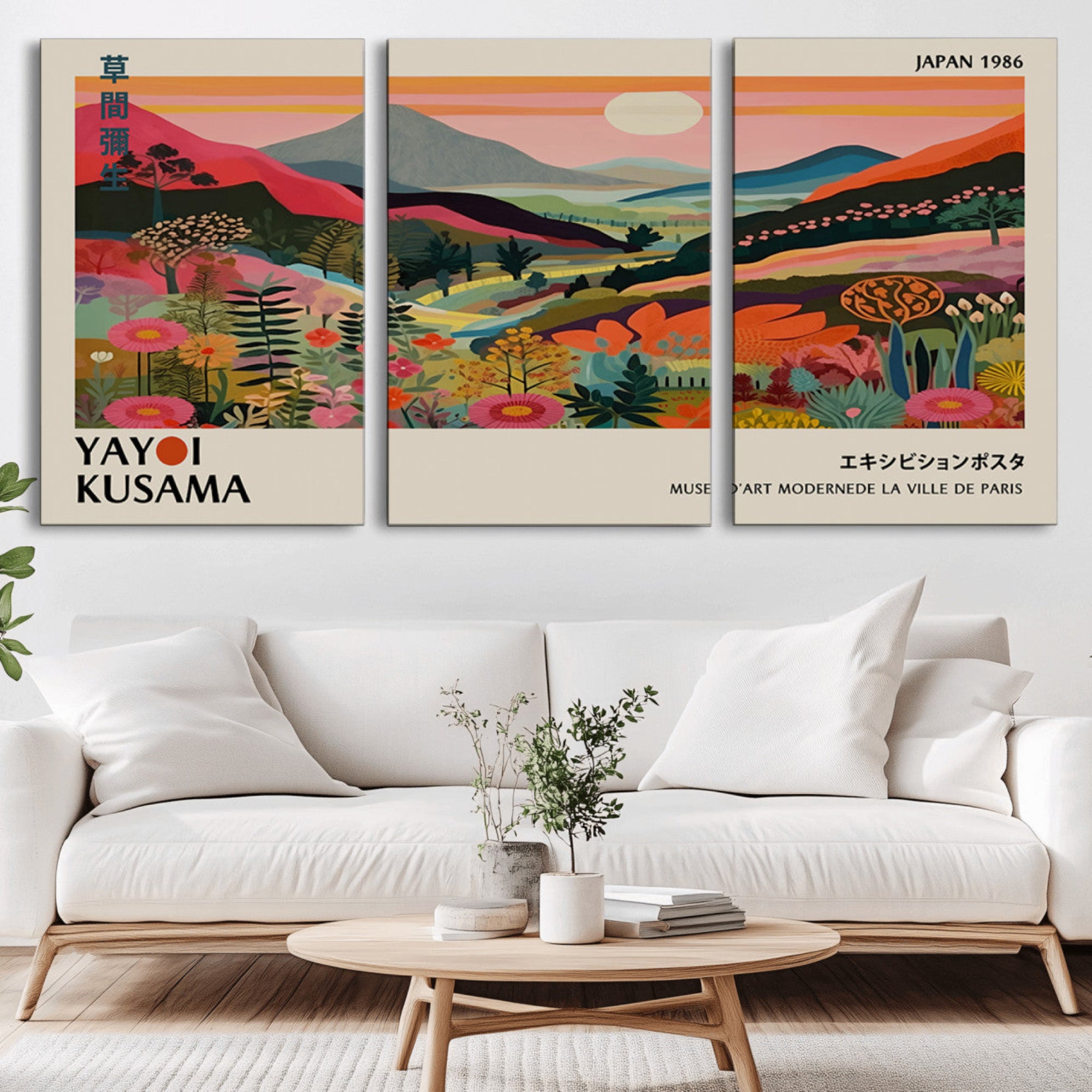 87360-MGV-FC-93X47-3P_Black-Yayoi Kusama Landscape Canvas Print, Vibrant Floral Mountain Art Print, Botanical Flower Nature