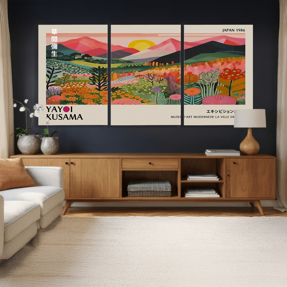 Yayoi Kusama Landscape Canvas Print, Vibrant Floral Mountain Art, Framed Botanical Wall Art