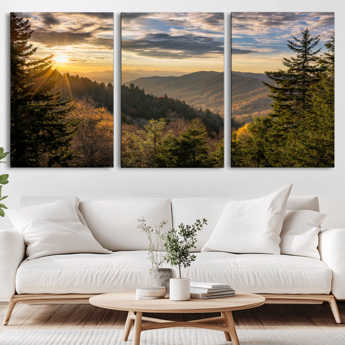 Sunrise Over the Smoky Mountains Canvas Wall Art | Scenic Landscape Photography Triptych