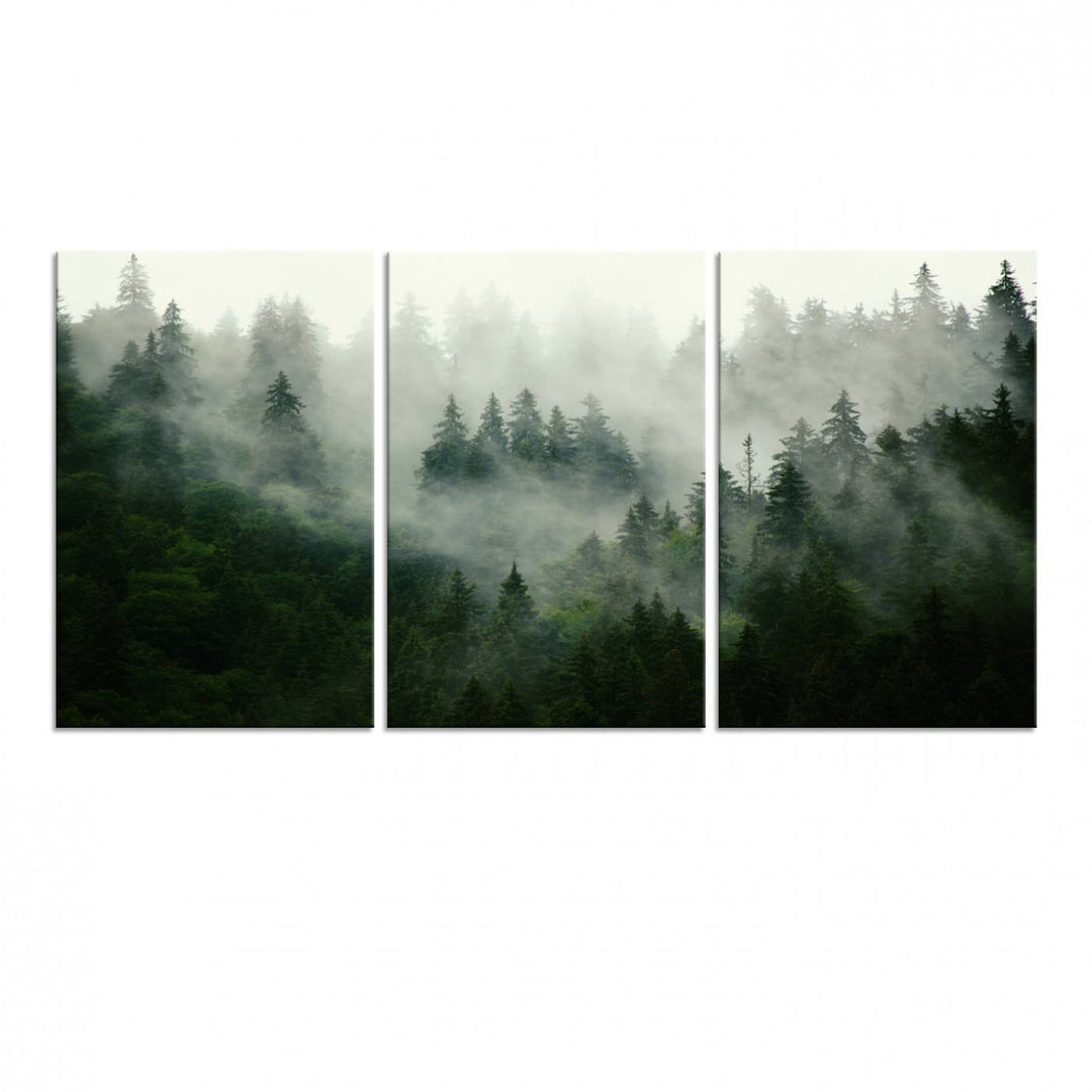 Misty Forest Mountain Wall Art: A 3-panel foggy landscape canvas print, ideal for enhancing home decor with natures beauty.