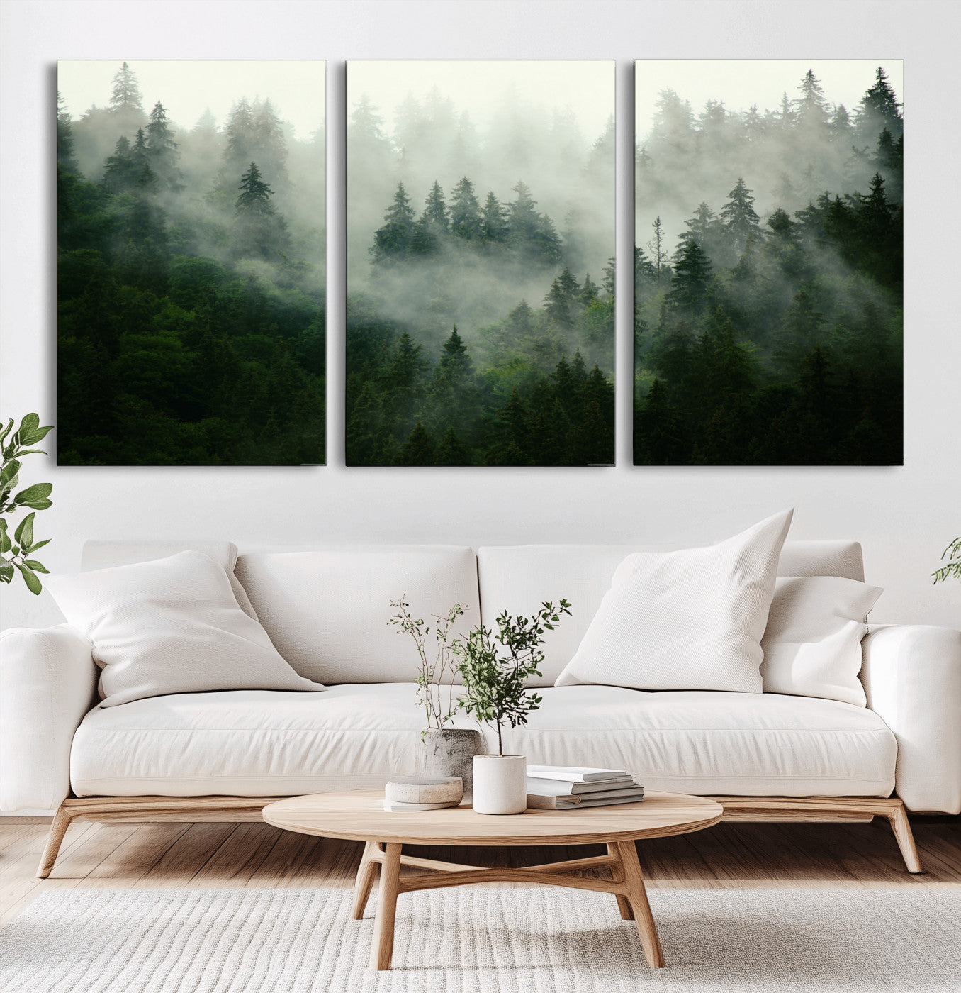 MGV-CV-60X30-3P - Misty Forest Mountain Wall Art Canvas  | Large 3-Panel Foggy Landscape Canvas Print | Nature Misty