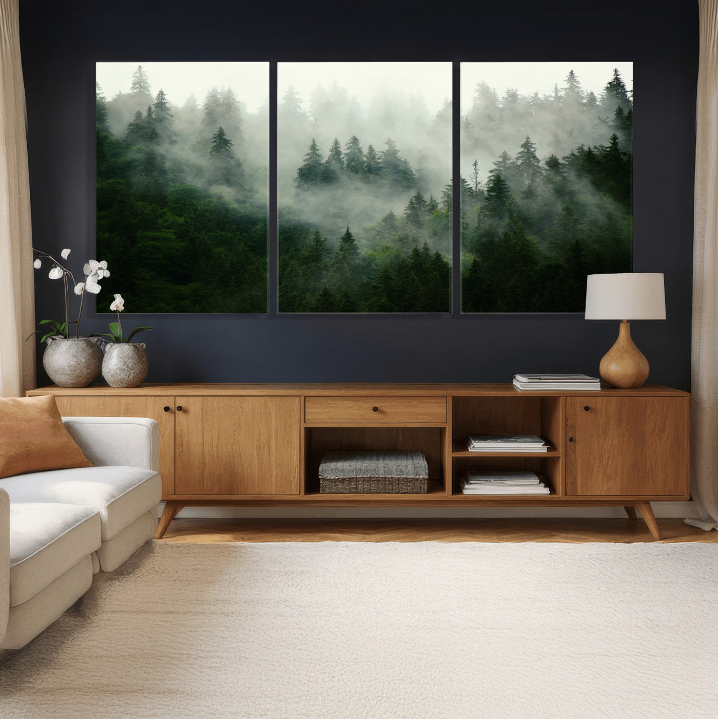 167720496-MGV-CV-36X24 - Misty Forest Mountain Wall Art Canvas  | Large 3-Panel Foggy Landscape Canvas Print | Nature Misty