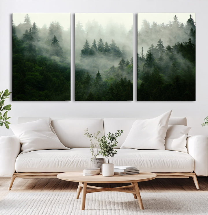 Misty Forest Wall Art Canvas Print - Foggy Forest Landscape Canvas Wall Art – Serene Triptych Nature Print – Woodland Landscape Decor