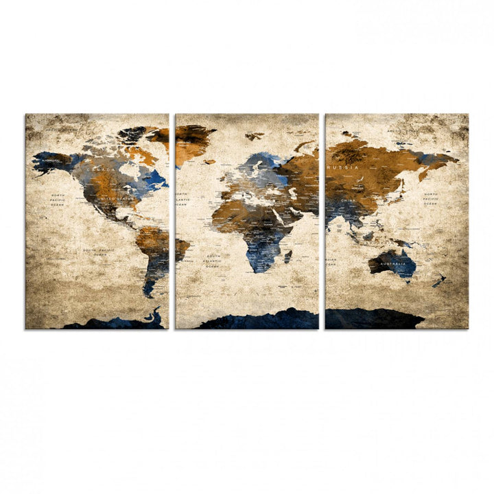 A Vintage World Map Canvas featuring brown, blue, and white on a textured background. Ideal for wall art in living rooms or offices.