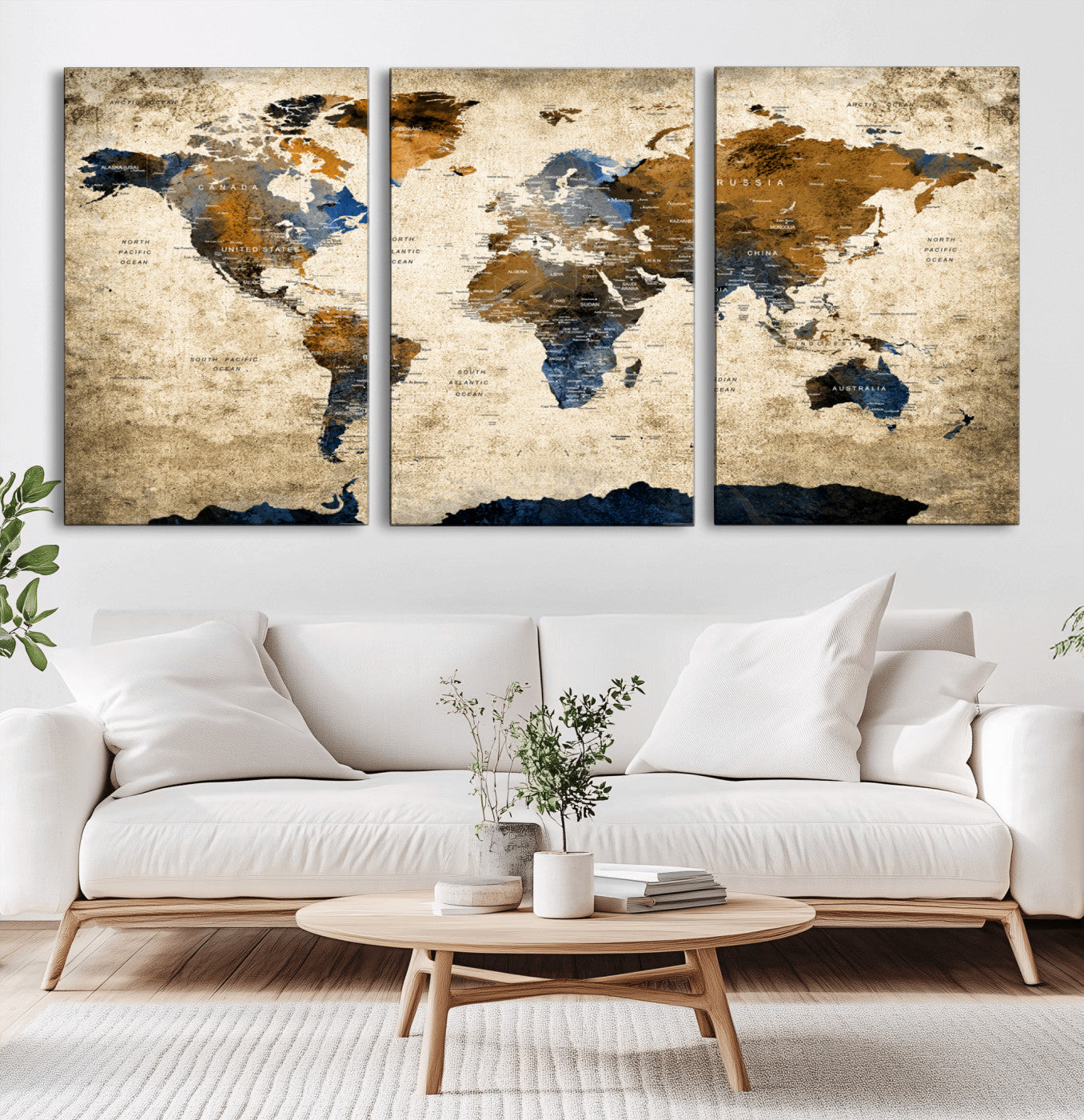 51140-MGV-CV-36X24-World Map Wall Art – Antique Style Blue and Brown Map Canvas Print, Classic Travel Wall Decor for Home Office or Study Room