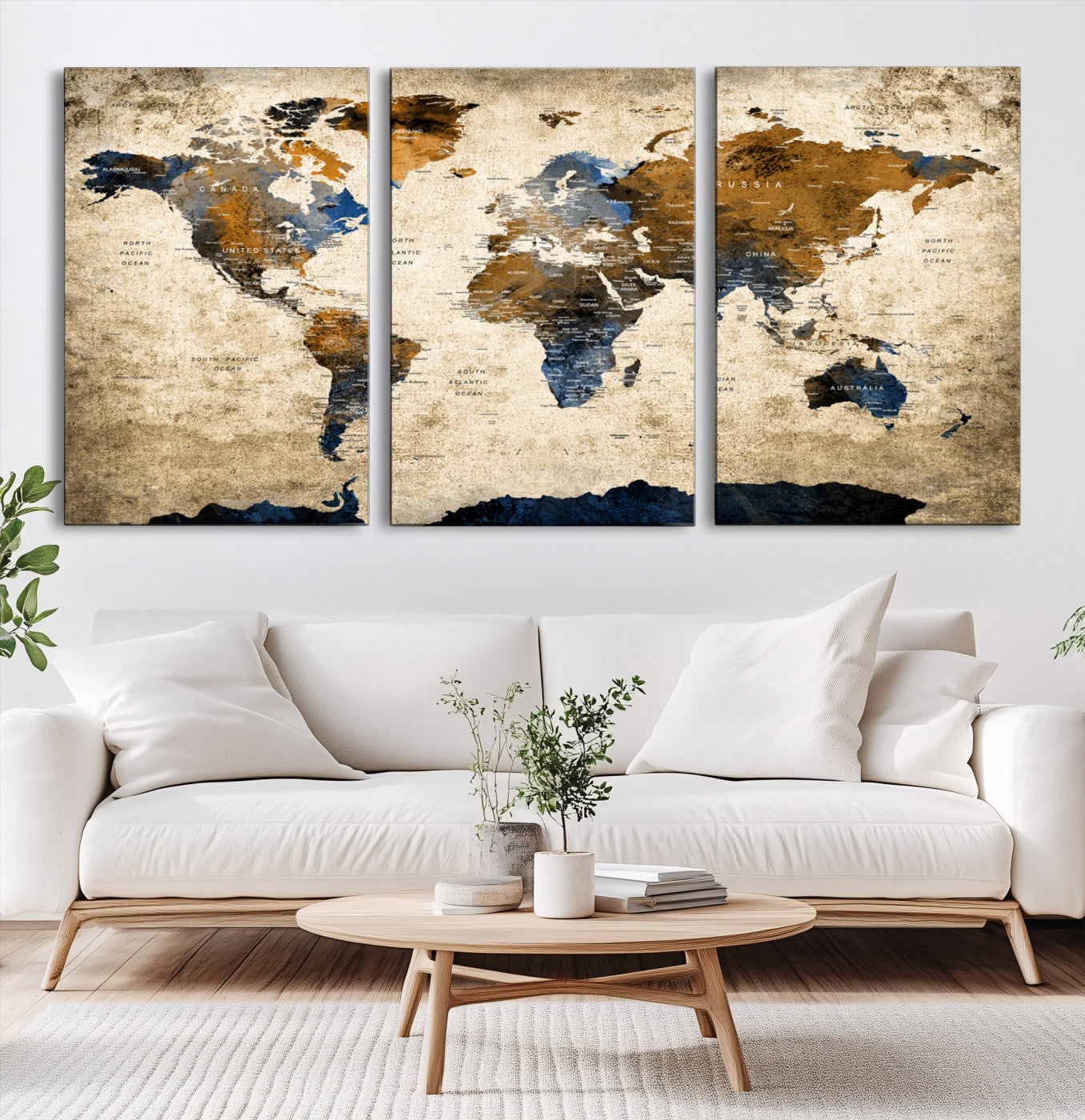51140-MGV-CV-60X30-3P-Vintage World Map Canvas Wall Art – Textured Triptych Map Print – Global Decor for Living Room or Office – Ready to Hang