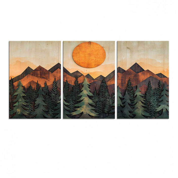 Sunset Mountain Landscape canvas wall art print featuring forest and wooden textures in green, brown, and orange.