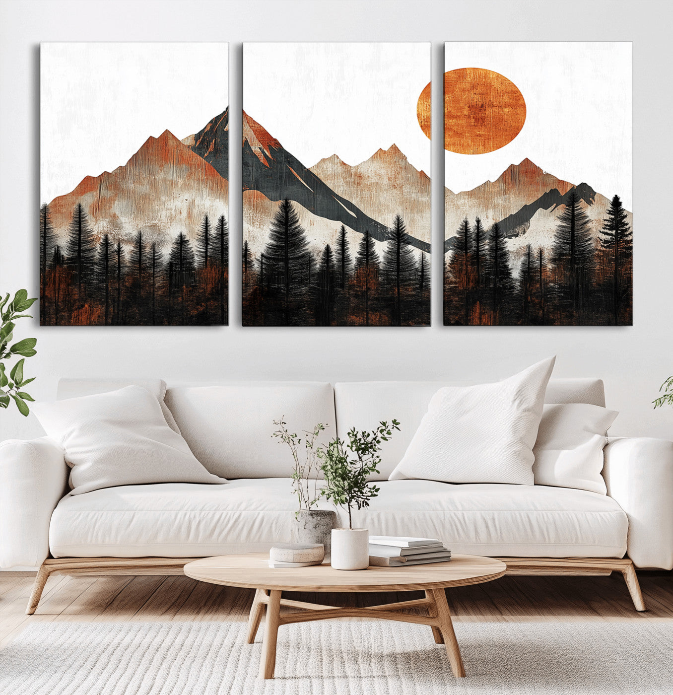 MGV-CV-60X30-3P - Modern Abstract Mountain Canvas Wall Art Print, Abstract Landscape Print, Rustic Sun and Mountains