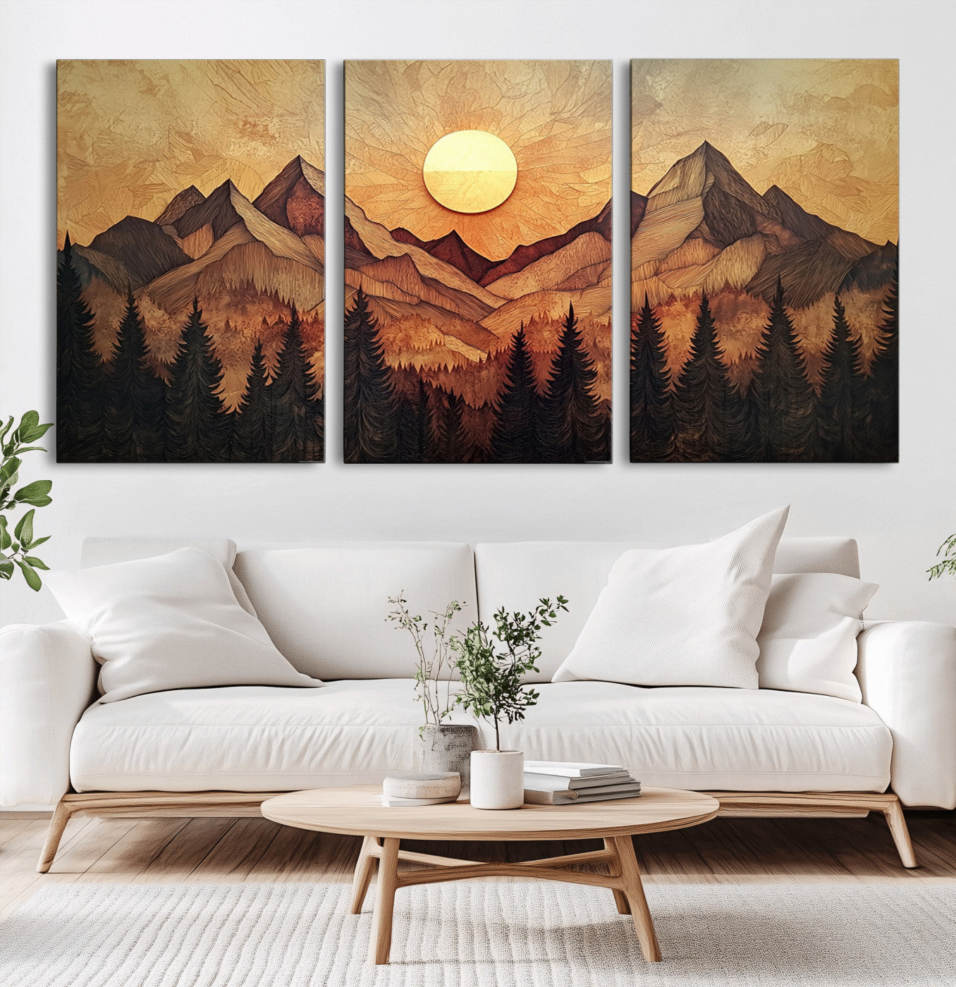 MGV-CV-60X30-3P - Wood Style Abstract Mountain Sunset Canvas Wall Art Print - Warm Earth Nature-Inspired Decor for
