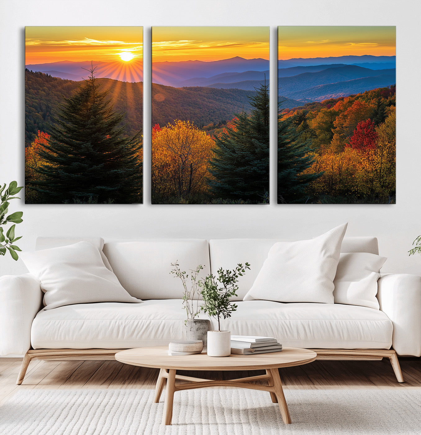 MGV-CV-60X30-3P - Golden Sunset Over Mountain Forest Canvas Wall Art Print - Warm Nature-Inspired Landscape for Living