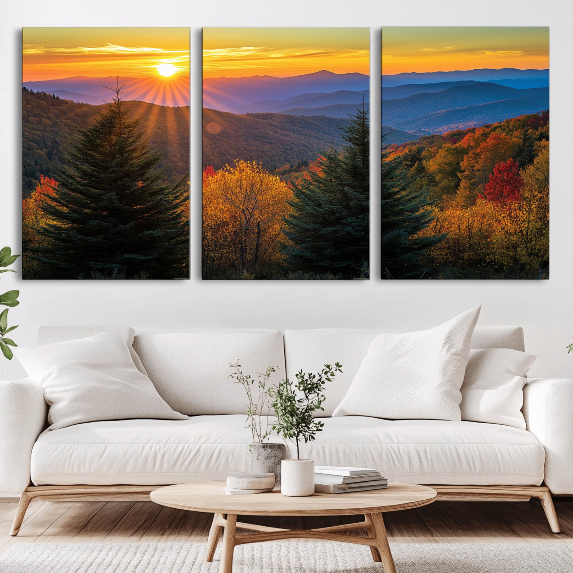 49710-MGV-CV-36X24-Golden Sunset Over Mountain Forest Canvas Wall Art Print - Warm Nature-Inspired Landscape for Living