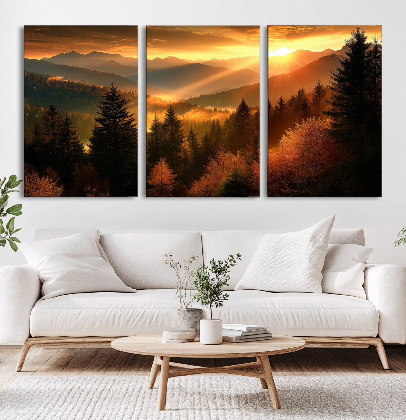 MGV-CV-60X30-3P - Golden Sunset Over Mountain Forest Canvas Wall Art Print - Warm Nature Landscape Print