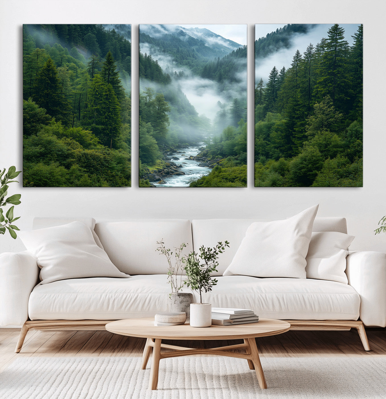 MGV-CV-60X30-3P - Mountain Forest River Canvas Wall Art Print - Serene Nature Landscape for Living Room, Office, or