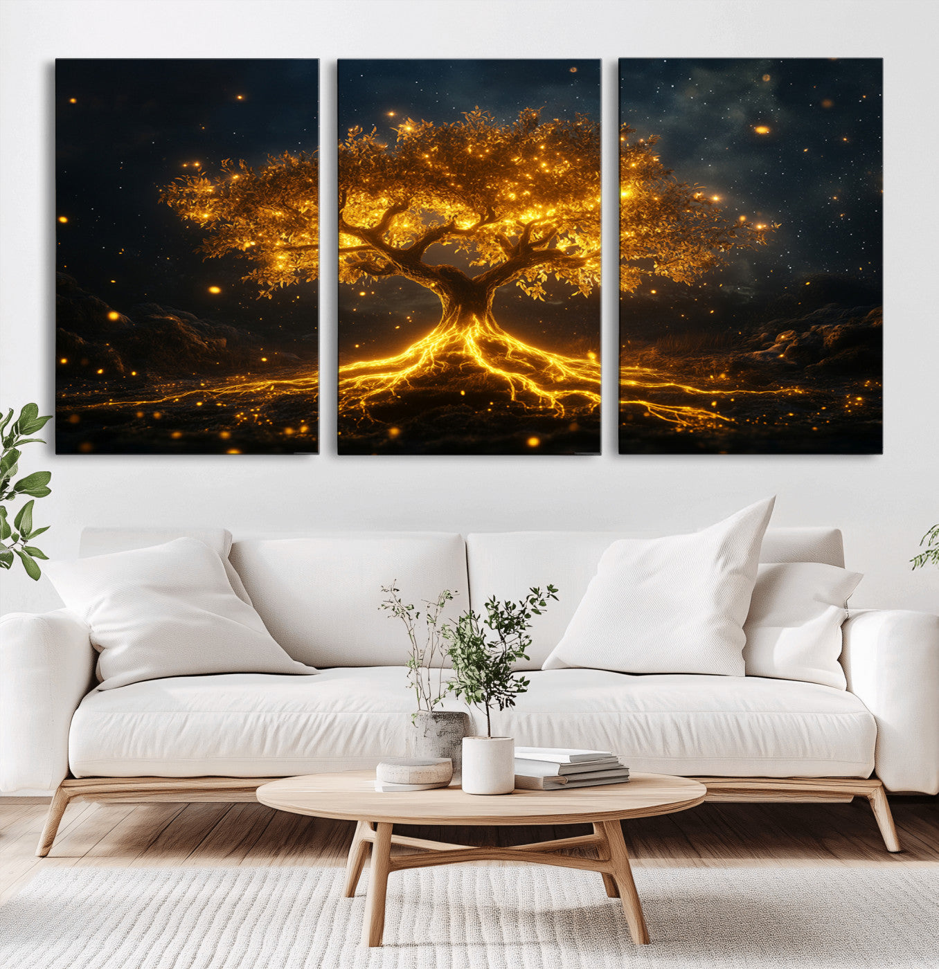 MGV-CV-60X30-3P - Golden Tree of Life Canvas Wall Art Print - Majestic Glowing Tree Design for Living Room, Office, or