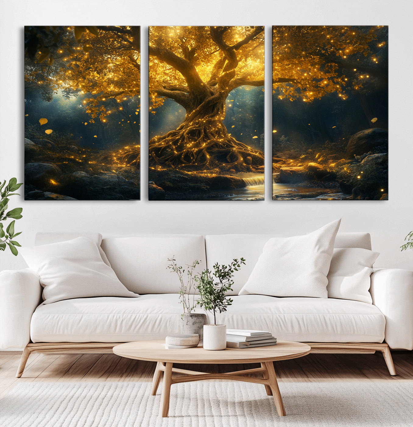 MGV-CV-60X30-3P - Golden Tree of Life Canvas Wall Art Print - Majestic Glowing Tree Wall Art Print