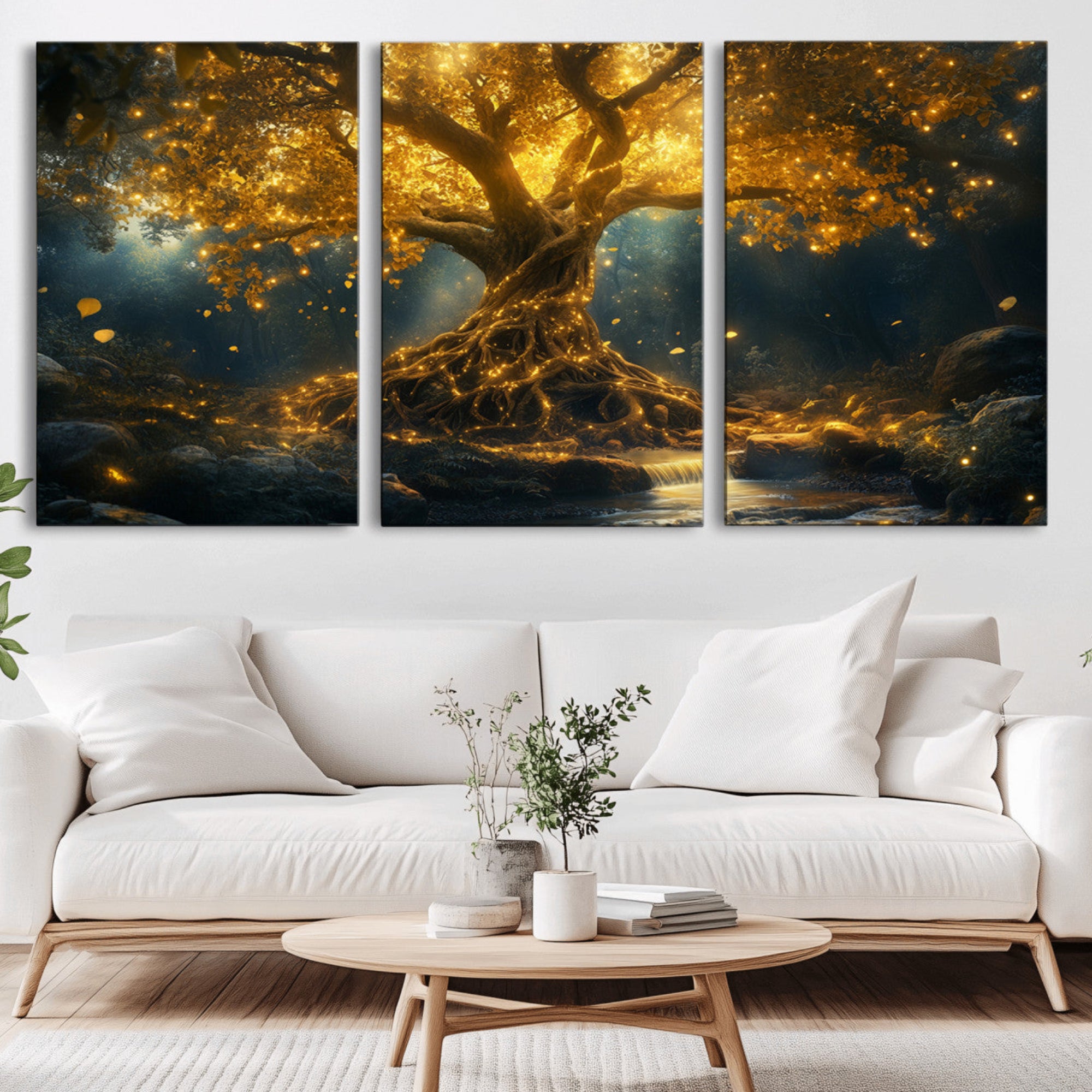 92739-MGV-CV-36X24-Golden Tree of Life Canvas Wall Art Print - Majestic Glowing Tree Wall Art Print