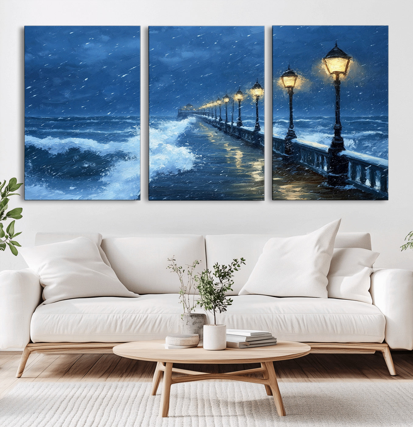 MGV-CV-60X30-3P - Stormy Ocean Pier Lights Canvas Wall Art Print - Large Moody Night Scene for Living Room, or Office,