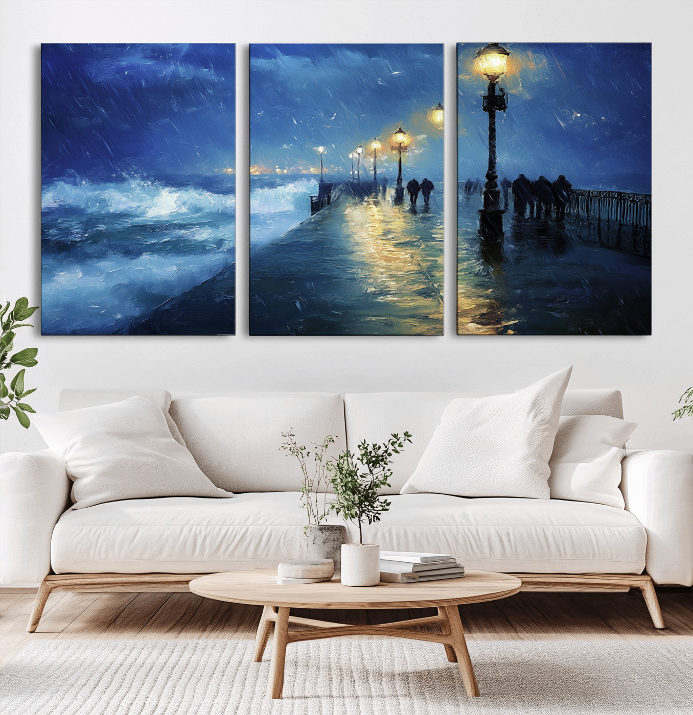 -Abstract Stormy Ocean Pier Canvas Wall Art Print | Stormy Ocean Art | Large Moody Night Scene Print,
