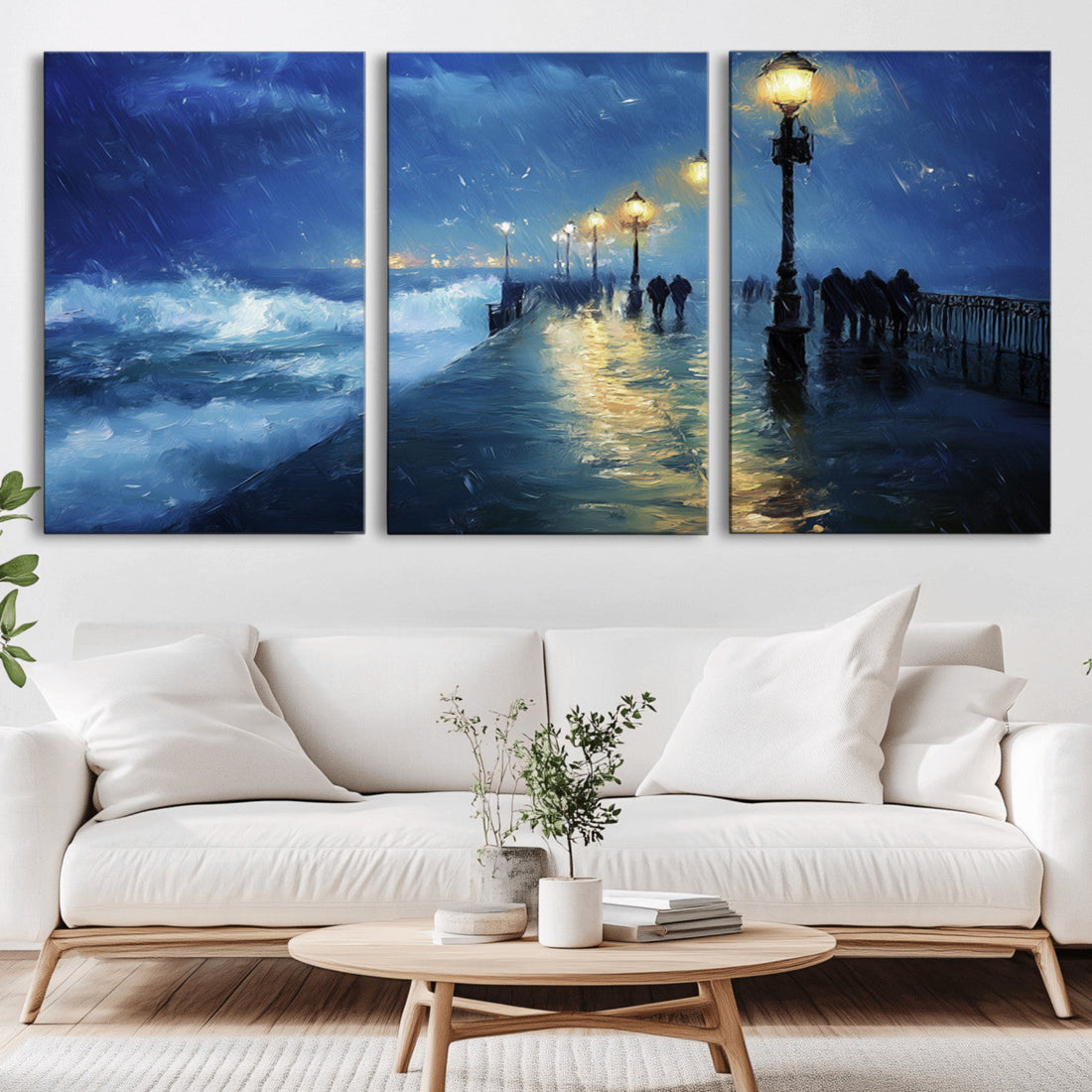 Storm Ocean Pier Canvas Wall Art Print, Large Moody Night Scene, Modern Seaside Wall Decor