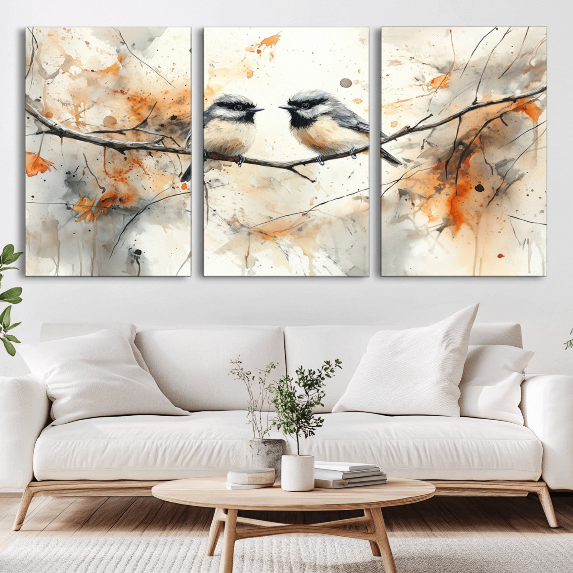 98244-MGV-CV-36X24-Abstract Watercolor Chickadee Bird Canvas Wall Art Print - Large Bird and Branch Wall Art, Modern