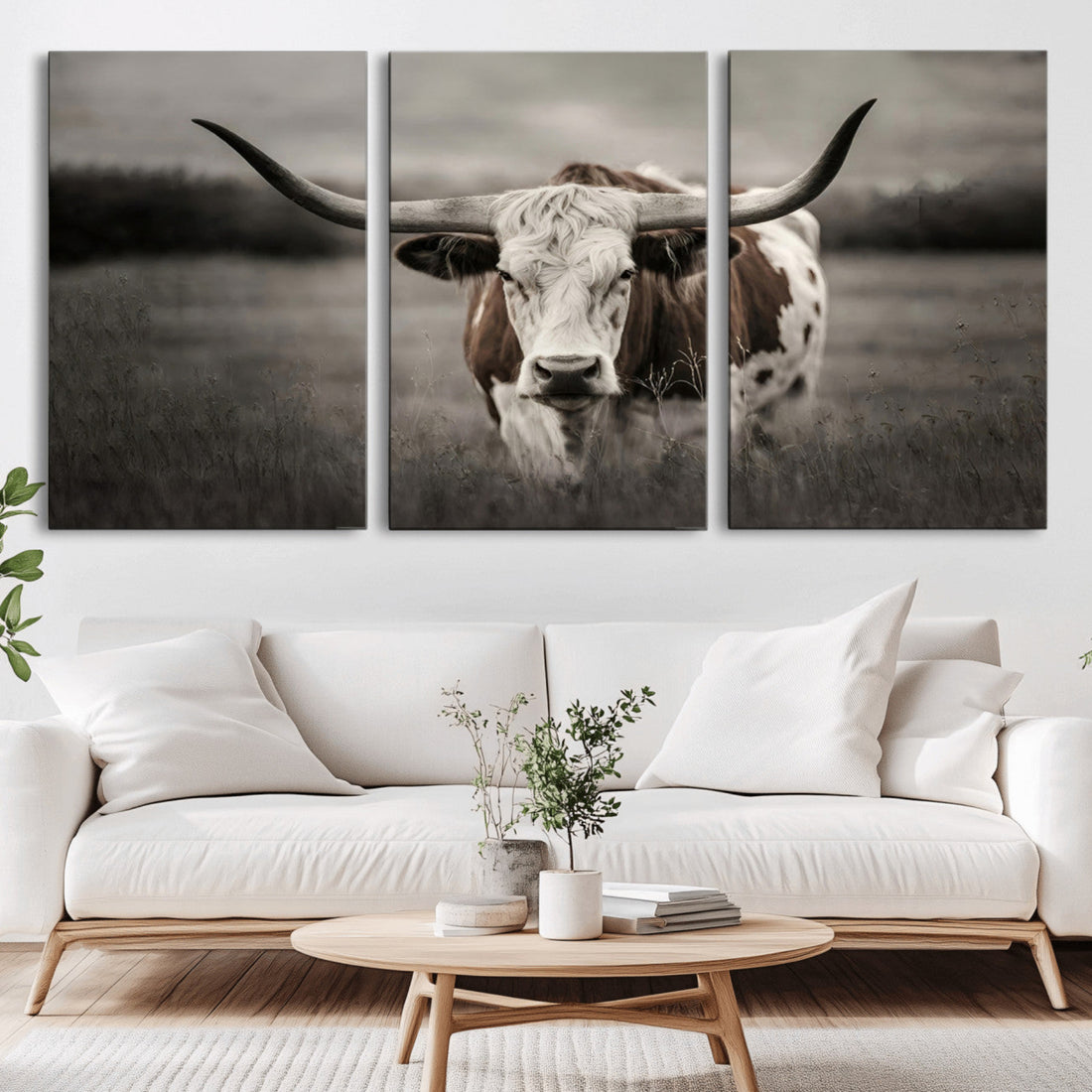 Texas Longhorn Cow Canvas Wall Art Print, Large Rustic Decor