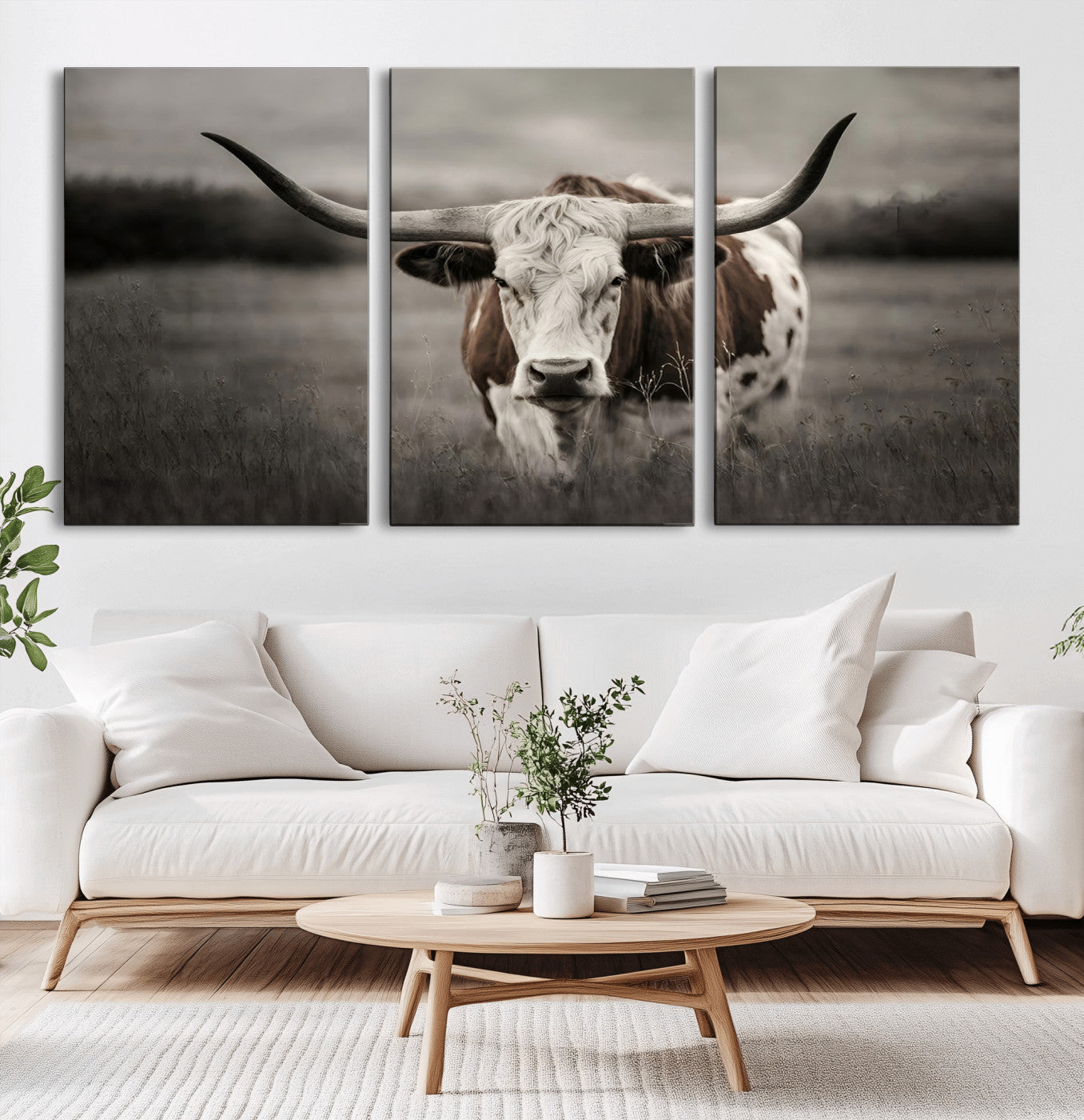 MGV-CV-60X30-3P - Texas Longhorn Cow Canvas Wall Art Print - Large Rustic Longhorn Art for Living Room, Western Wall