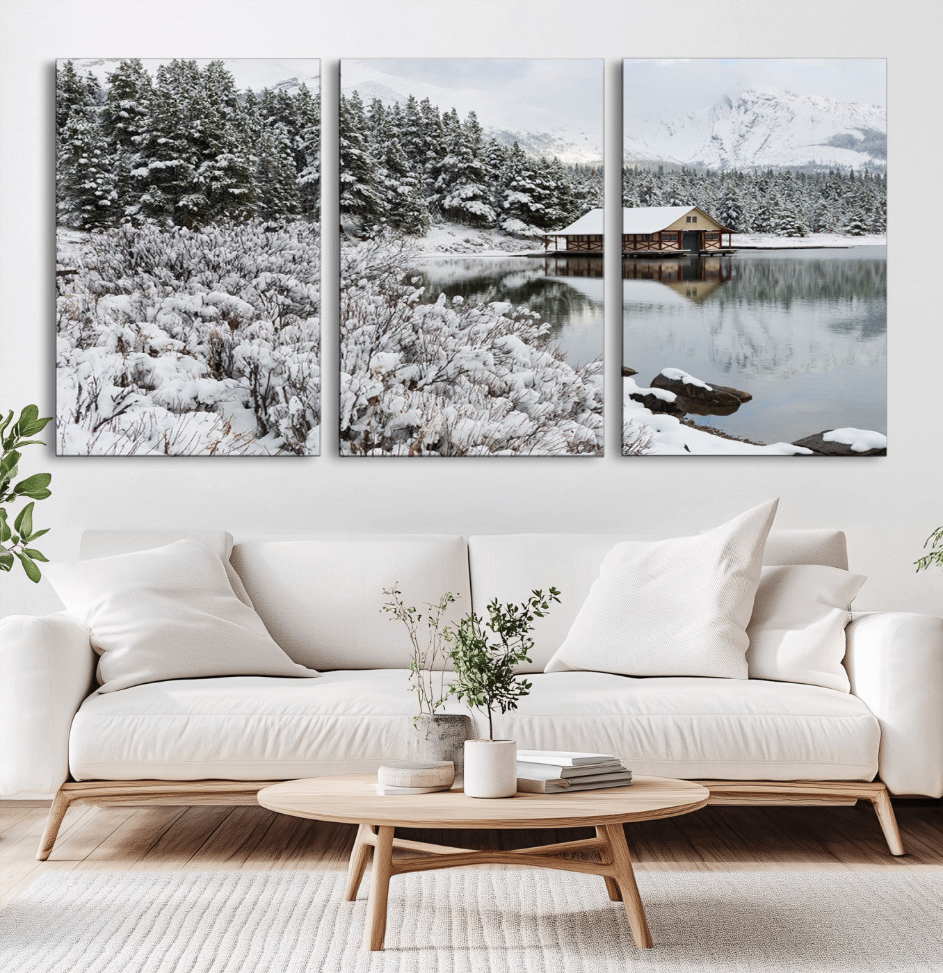 MGV-CV-60X30-3P - Winter Wall Art - Cabin by the Lake Canvas Wall Art - Serene Snowy Landscape with Mountain View,