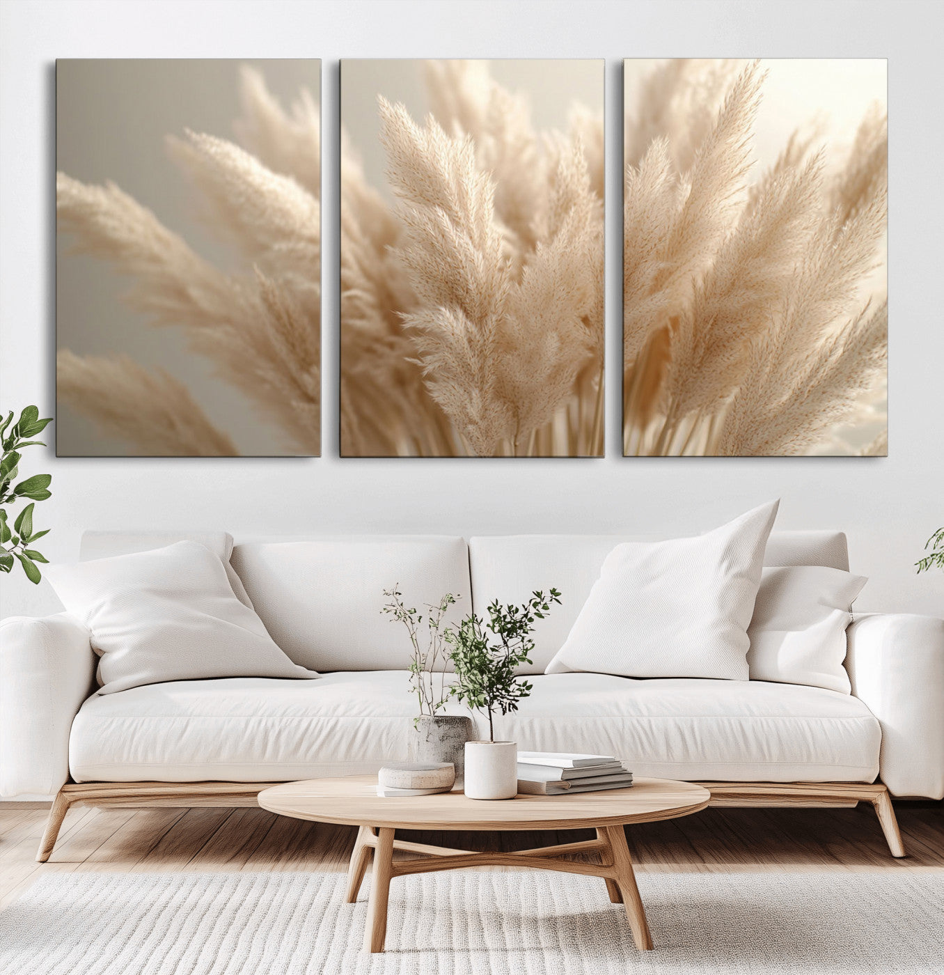MGV-CV-60X30-3P - Pampas Grass Canvas Wall Art - Elegant Neutral Decor for Living Room, Boho Minimalist Artwork, Ready
