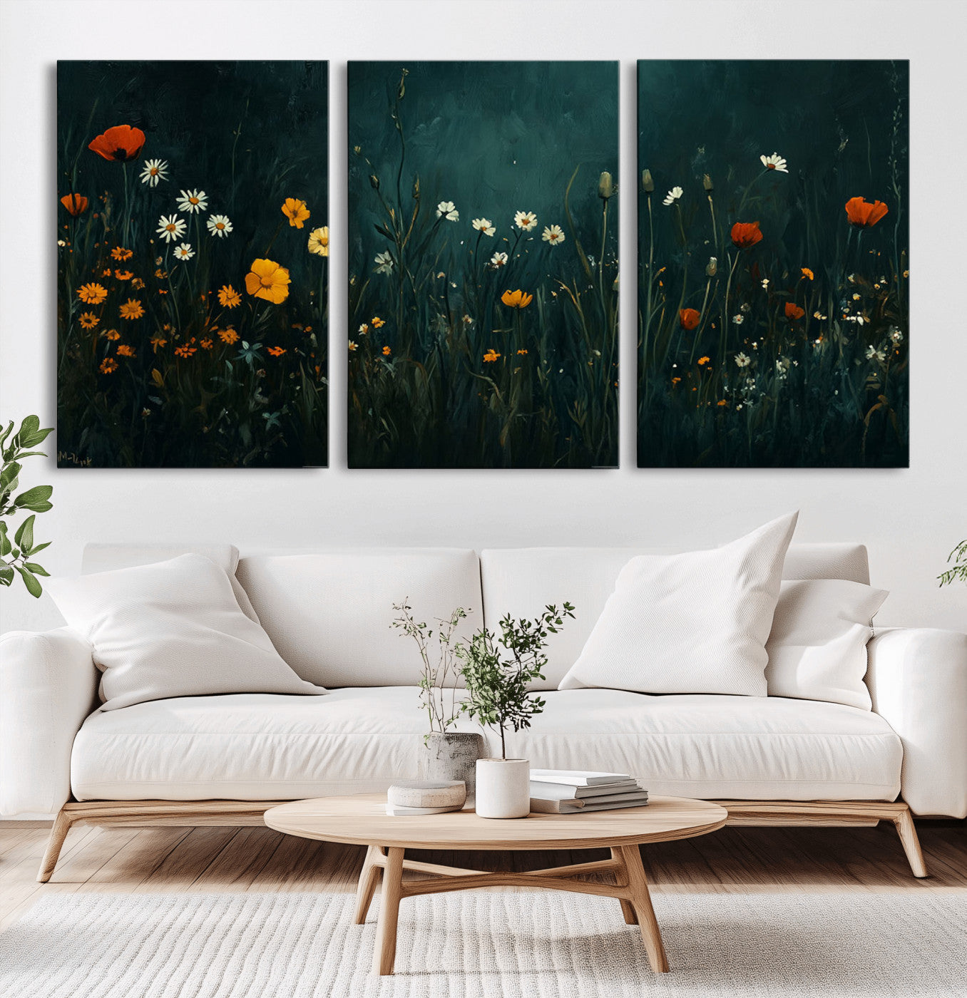 MGV-CV-60X30-3P - Framed Wildflower Field Wall Art, Framed Vintage Botanical Landscape Sign, Floral Decor, Modern