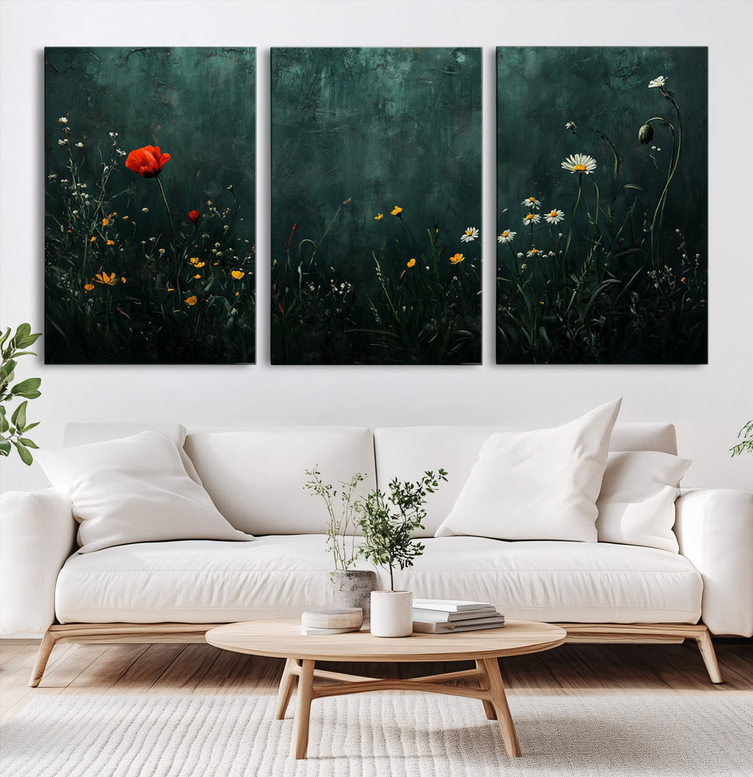 Wildflower Field Framed Wall Art, Vintage Botanical Landscape Sign, Botanical Wall Art, Modern Farmhouse Canvas Art, Field Of Flowers Canvas Print