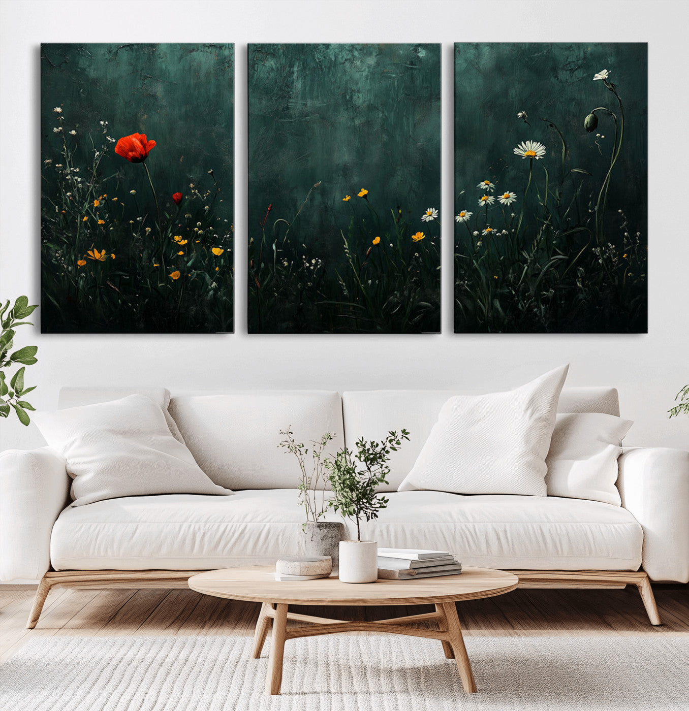 MGV-CV-60X30-3P - Wildflower Field Framed Wall Art, Vintage Botanical Landscape Sign, Botanical Wall Art, Modern