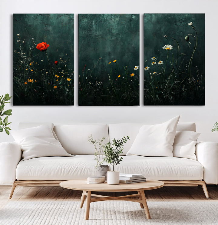 Wildflower Field Framed Wall Art, Vintage Botanical Landscape Sign, Botanical Wall Art, Modern Farmhouse Canvas Art, Field Of Flowers Canvas Print