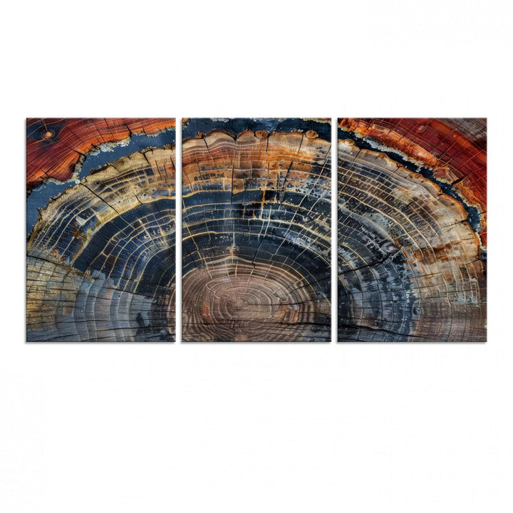 The Abstract Tree Ring Wall Art in orange, blue, and gray perfectly complements minimalist nature-inspired home decor.