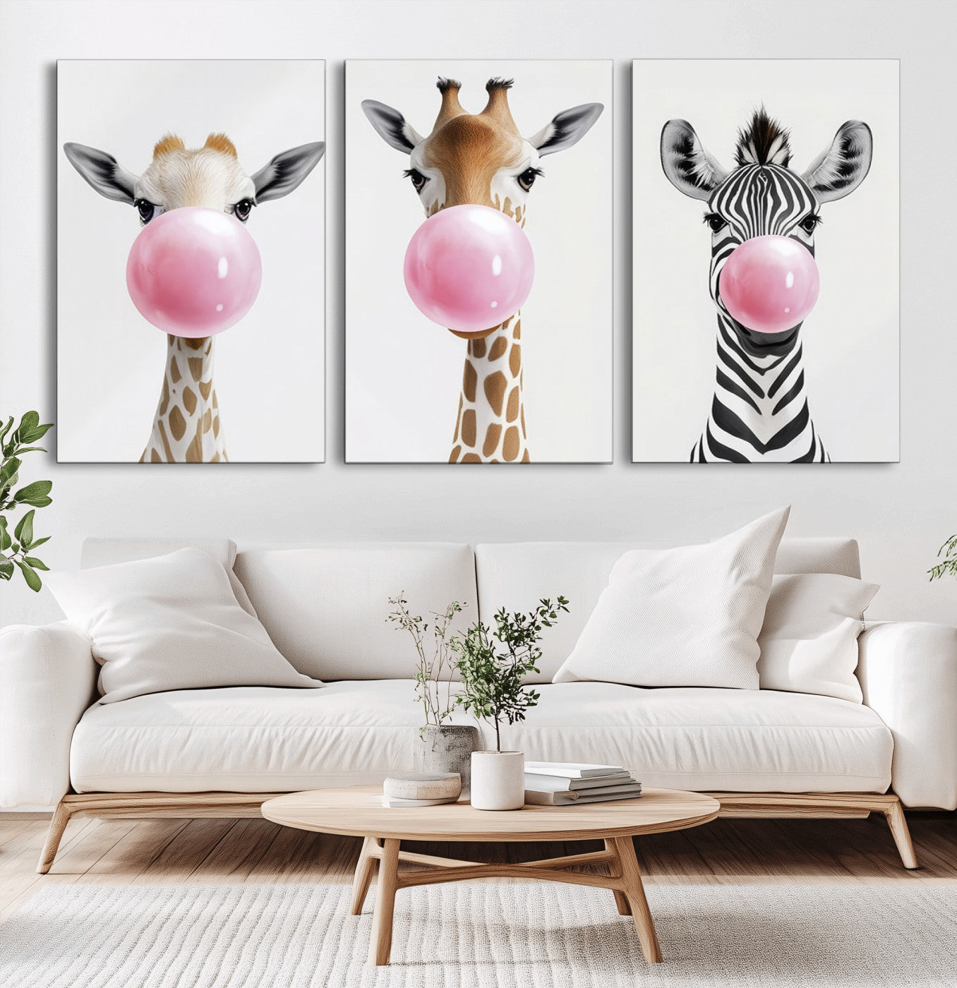 MGV-CV-60X30-3P - Bubblegum Animals Canvas Wall Art - Playful Giraffe and Zebra Trio, Fun Nursery Decor for Kids'