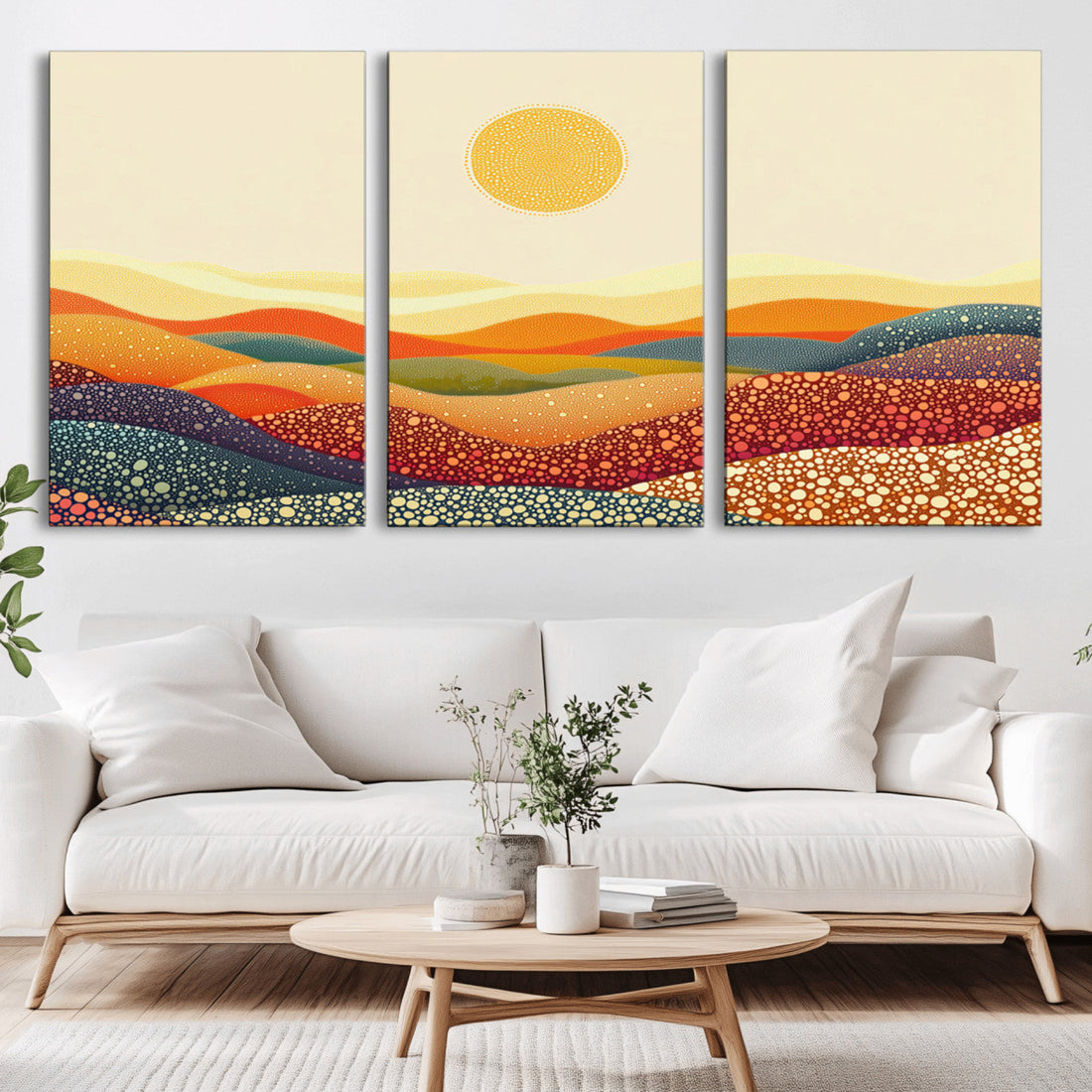 YAYOI KUSAMA Colorful Dot Art Landscape Canvas, Framed Abstract Pointillism with Rolling Hills and Sun