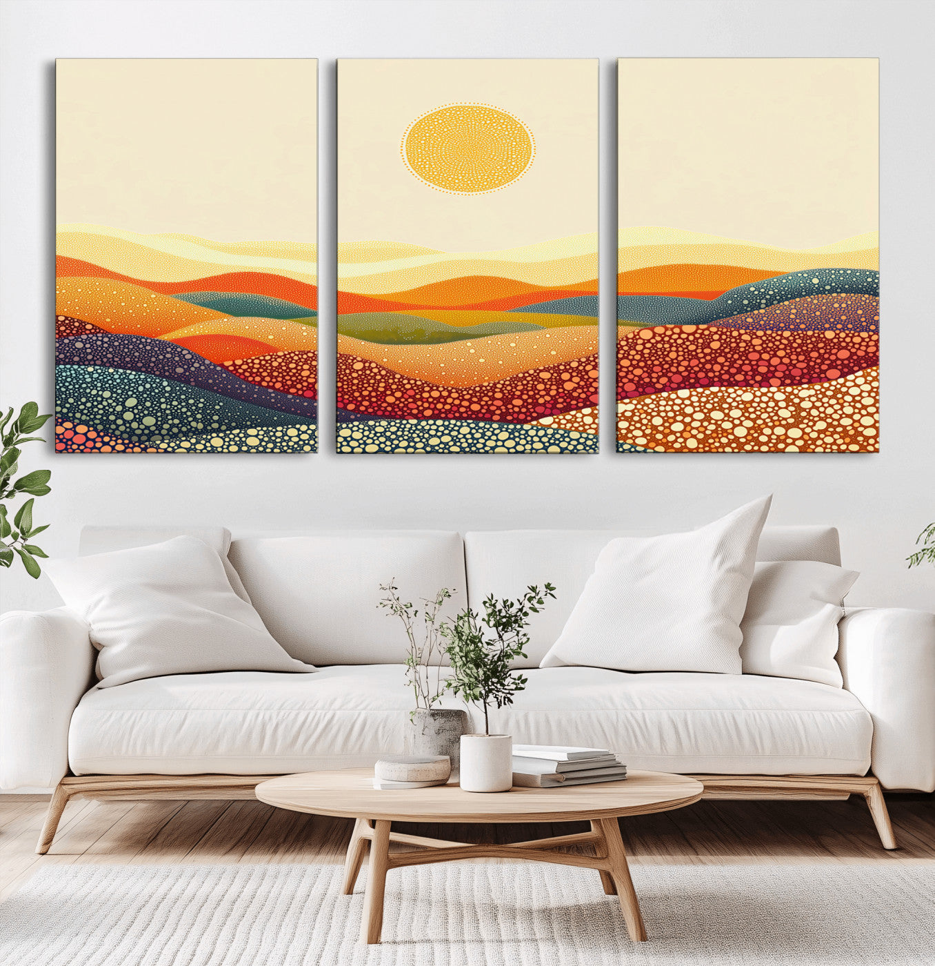 MGV-CV-60X30-3P - YAYOI KUSAMA Colorful Dot Art Landscape Canvas - Framed Abstract Pointillism Inspired by Nature with