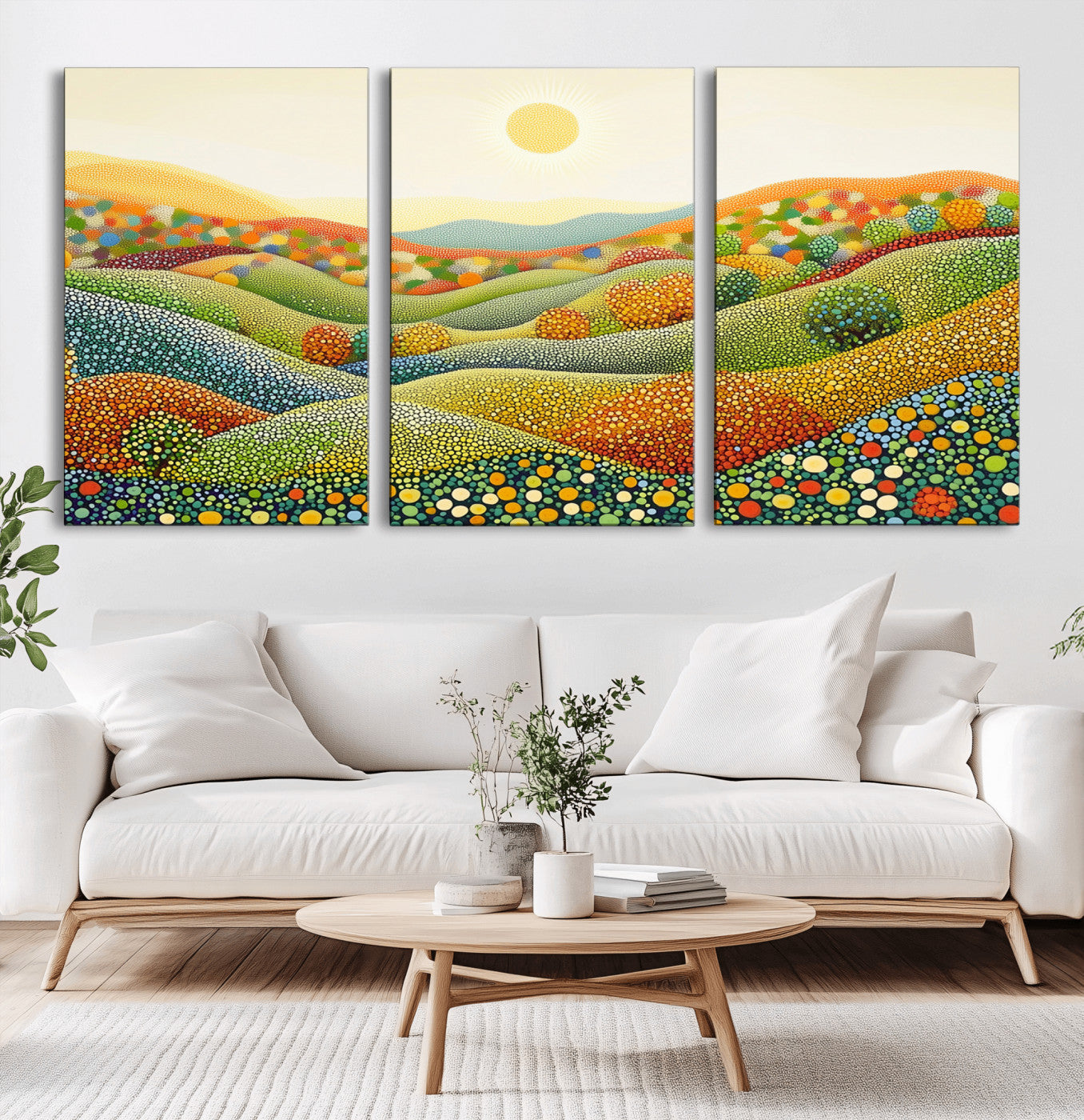 MGV-CV-60X30-3P - YAYOI KUSAMA Wall Art - Colorful Dot Art Landscape Canvas, Framed Japanese Dot Art
