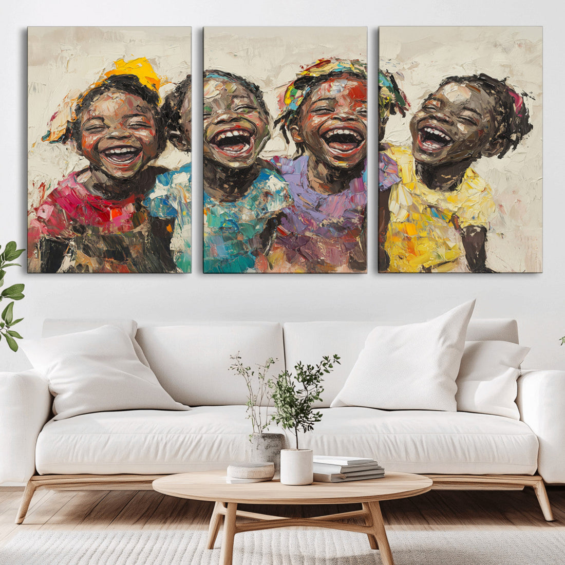 Shai Yossef Style Joyful Childhood Canvas Wall Art, Expressive Painting of Laughing Black Children