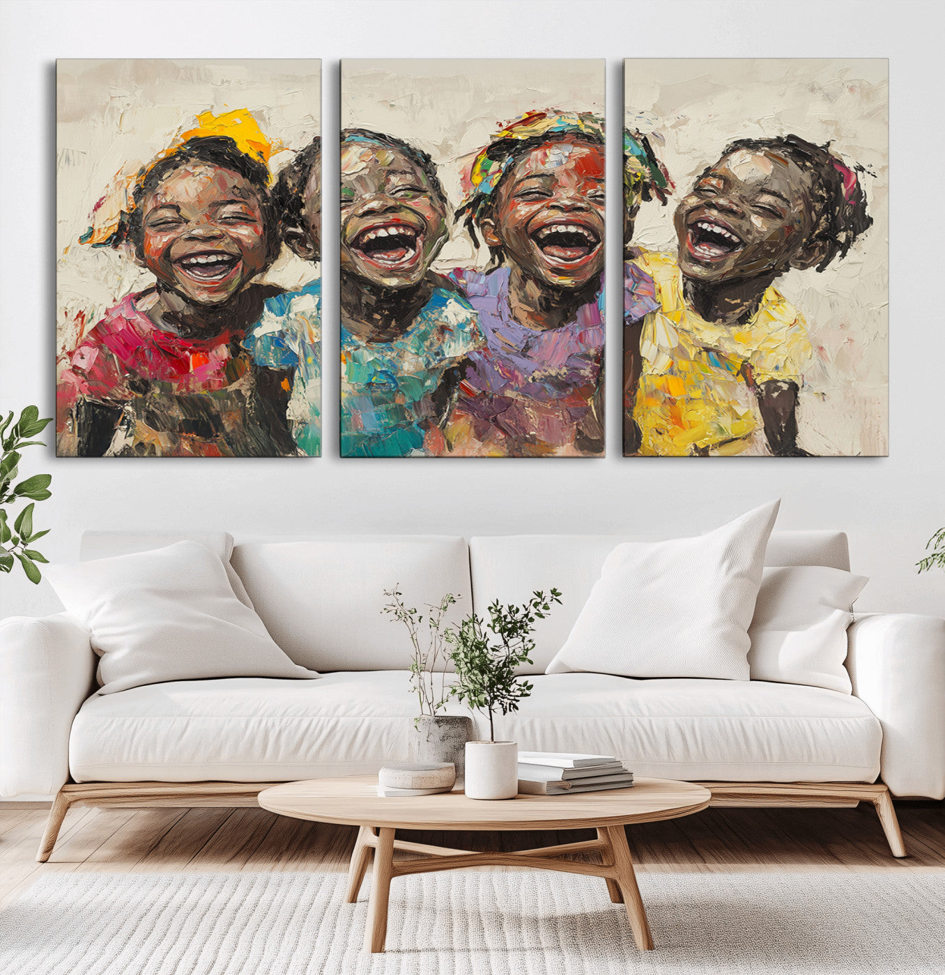 MGV-CV-60X30-3P - Shai Yossef style Joyful Childhood Canvas Wall Art - Expressive Impasto Painting of Black Children
