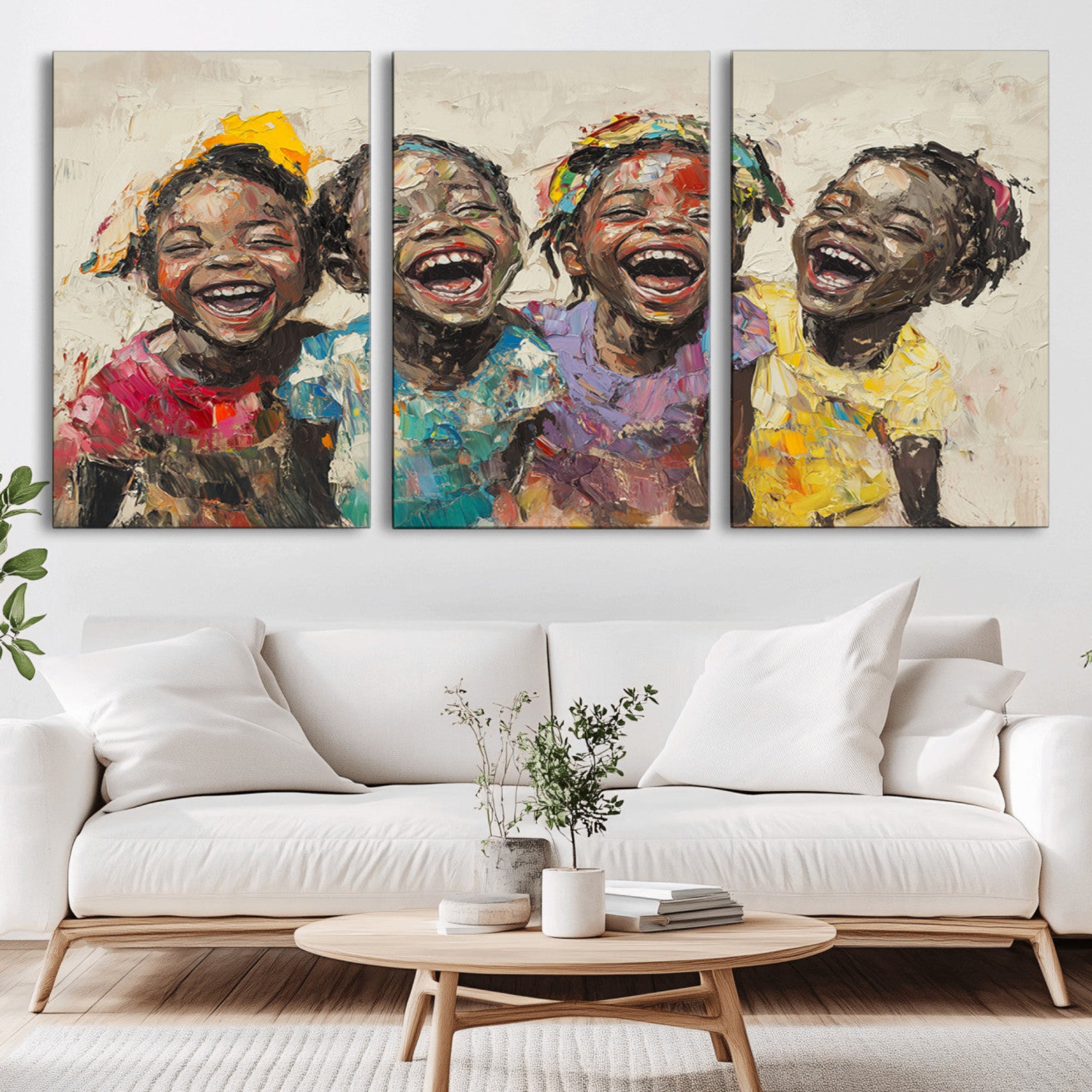 93034-MGV-CV-36X24-Shai Yossef style Joyful Childhood Canvas Wall Art - Expressive Impasto Painting of Black Children